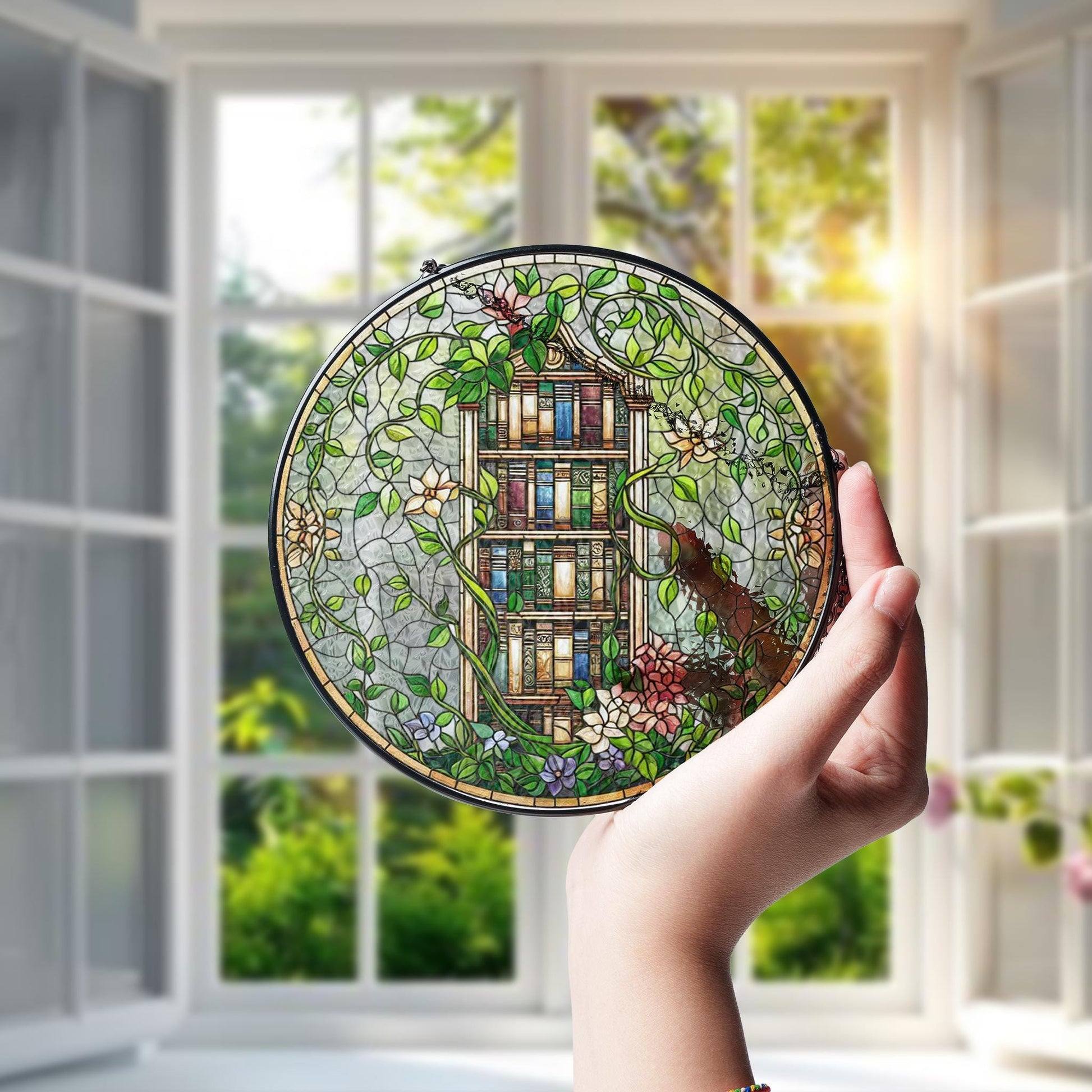 Bookshelf with Ivy & Flowers Glass Suncatcher – Literary Garden Decor – Mother’s Day Gift – Book Lover Window Art