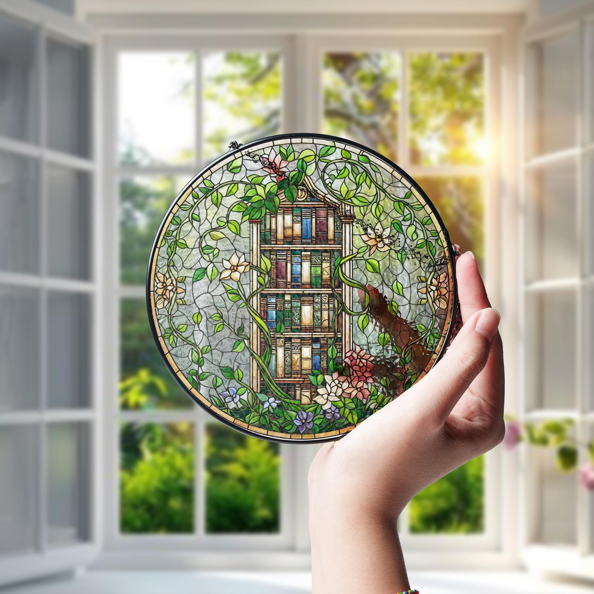 Bookshelf with Ivy & Flowers Glass Suncatcher – Literary Garden Decor – Mother’s Day Gift – Book Lover Window Art