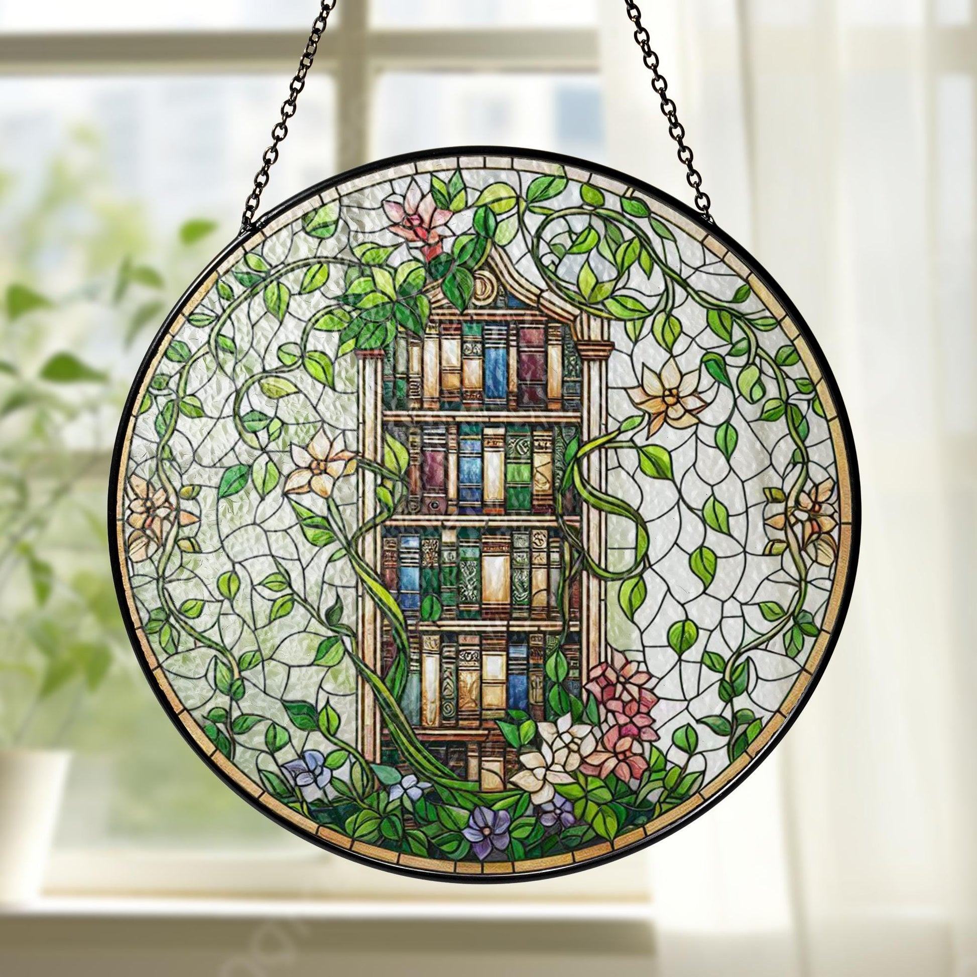 Bookshelf with Ivy & Flowers Glass Suncatcher – Literary Garden Decor – Mother’s Day Gift – Book Lover Window Art