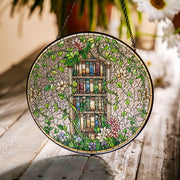 Bookshelf with Ivy & Flowers Glass Suncatcher – Literary Garden Decor – Mother’s Day Gift – Book Lover Window Art