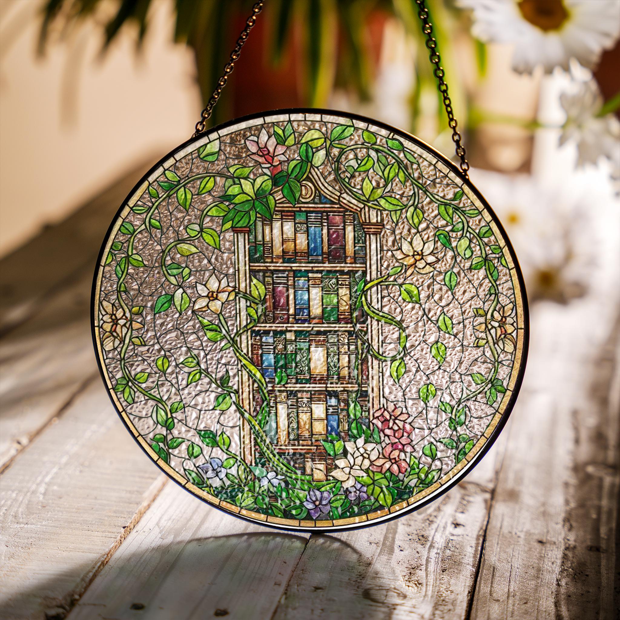 Bookshelf with Ivy & Flowers Glass Suncatcher – Literary Garden Decor – Mother’s Day Gift – Book Lover Window Art