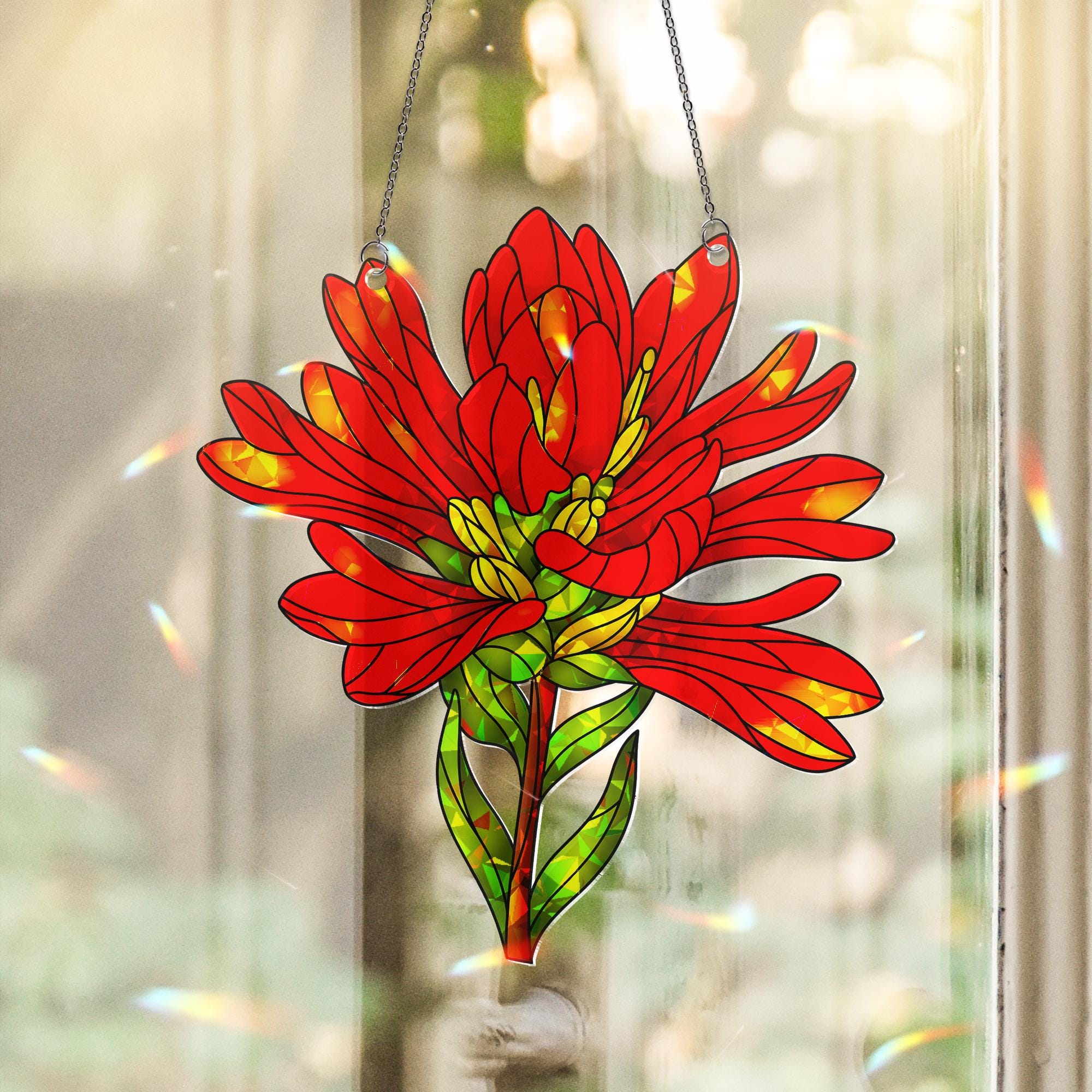Indian Paintbrush Red Flower Hologram Acrylic Window Hanging Ornament, Bright Floral Home Decor, Nature Lover Gift, Floral Lover