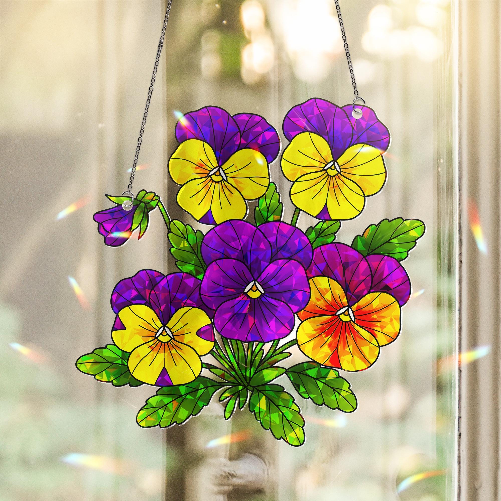 Pansy Hologram Acrylic Window Hanging - Colorful Floral Ornament for Home Decor - Cheerful Flower Ornament - Perfect Gift for Flower Lovers