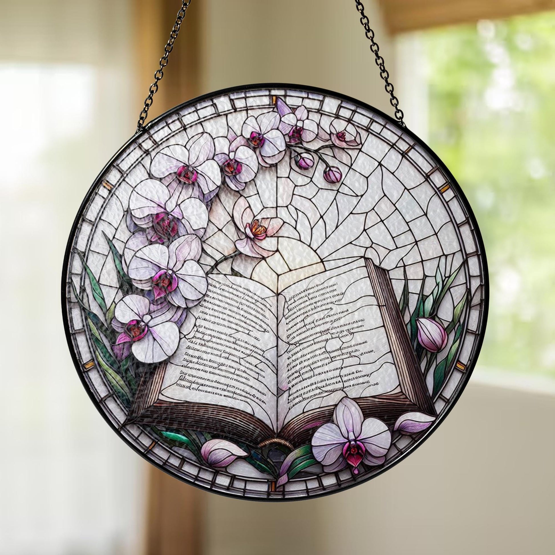 Book with Orchid Petals Glass Suncatcher – Literary Floral Decor – Mother’s Day Gift – Book Lover Window Art