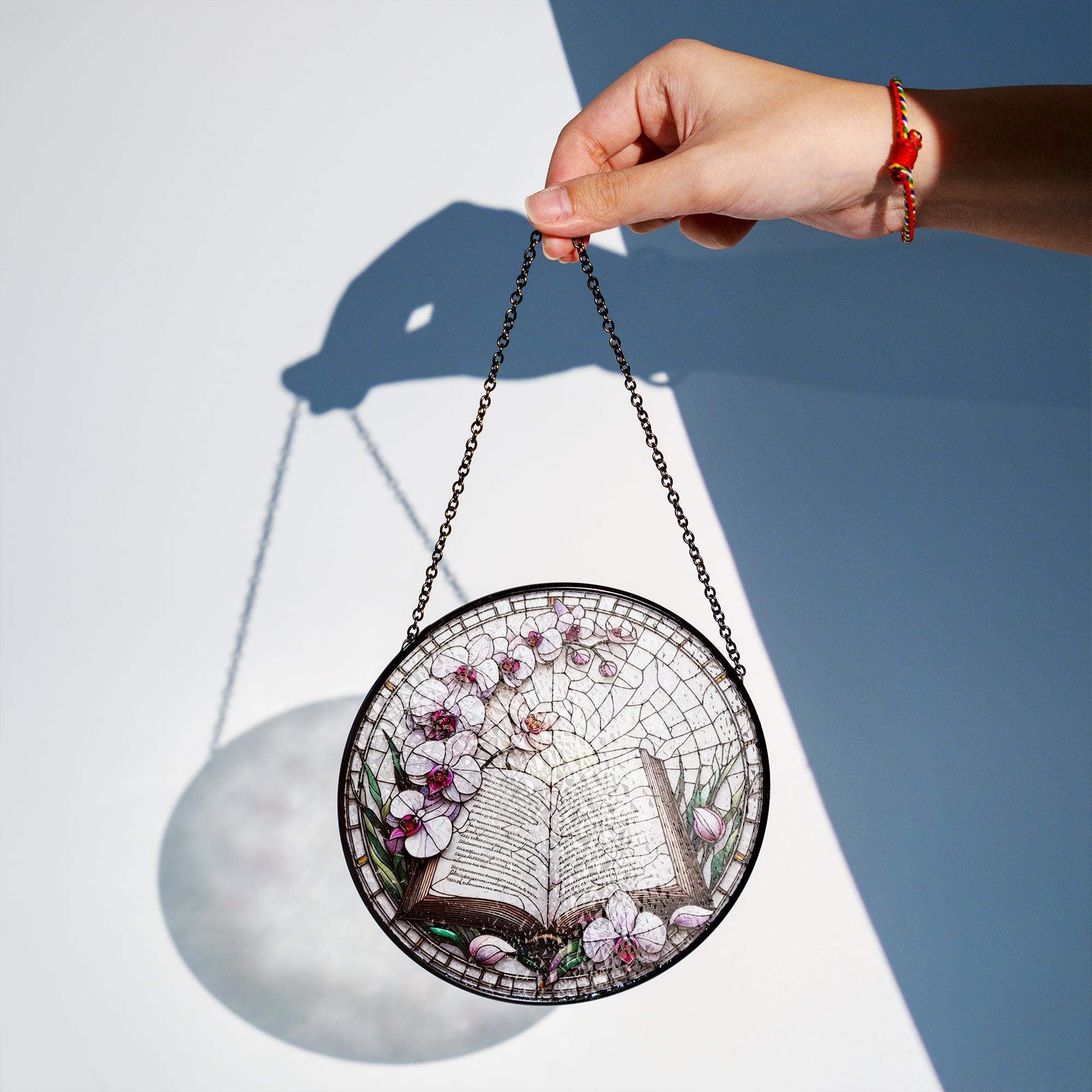 Book with Orchid Petals Glass Suncatcher – Literary Floral Decor – Mother’s Day Gift – Book Lover Window Art
