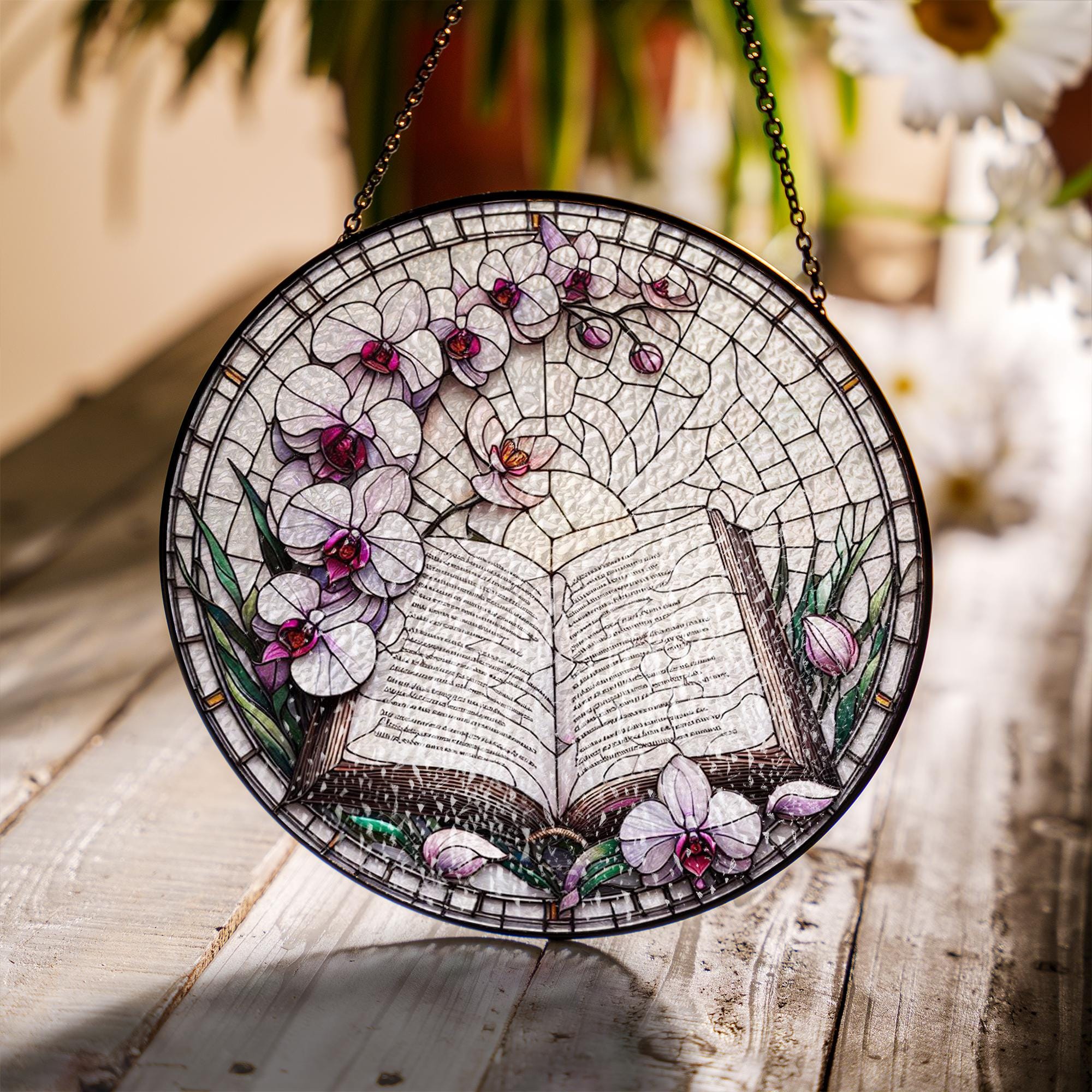 Book with Orchid Petals Glass Suncatcher – Literary Floral Decor – Mother’s Day Gift – Book Lover Window Art