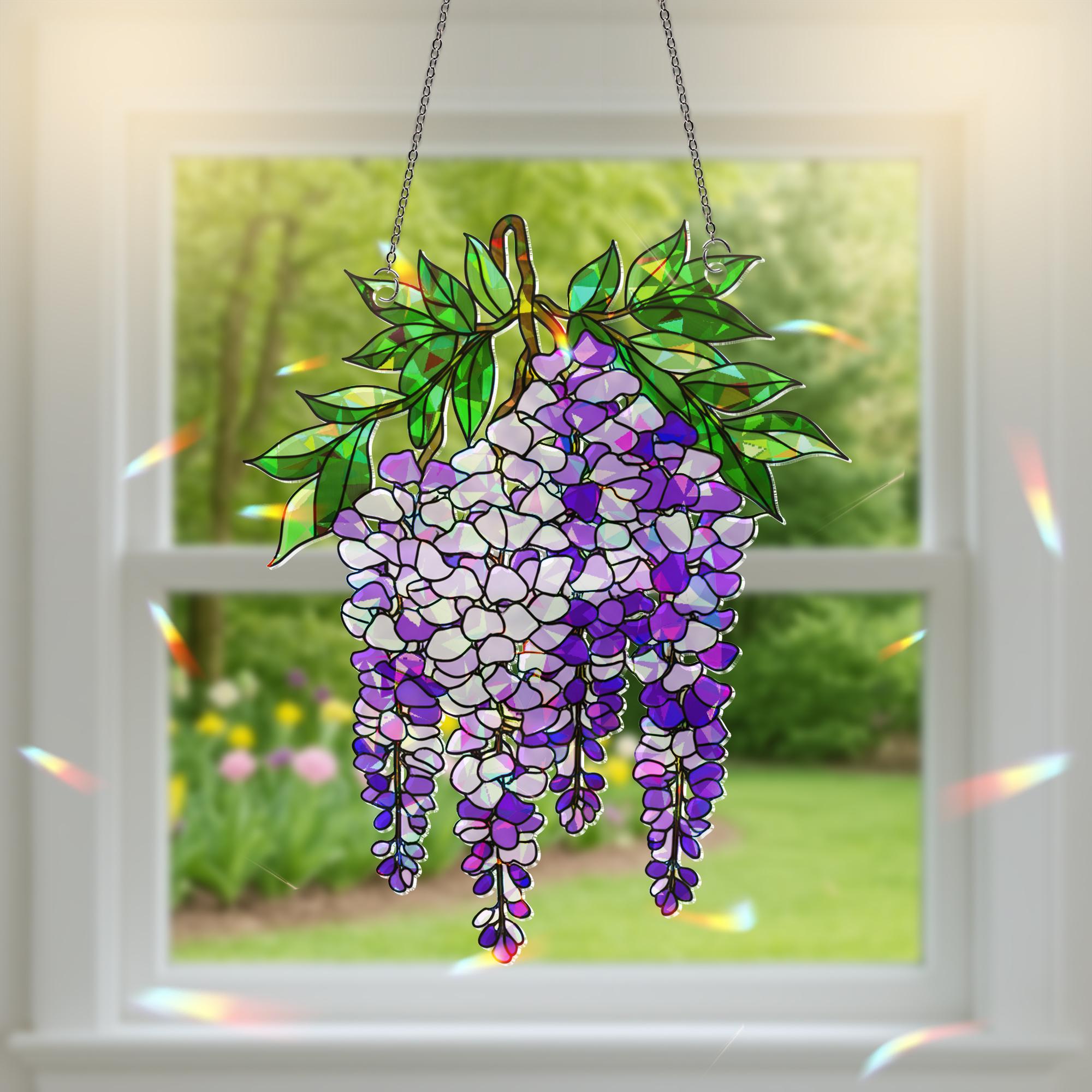 Wisteria Branch Bouquet Holographic Suncatcher – Acrylic Window Hanging Gift for Garden Lovers & Floral Decor Fans gift for mom