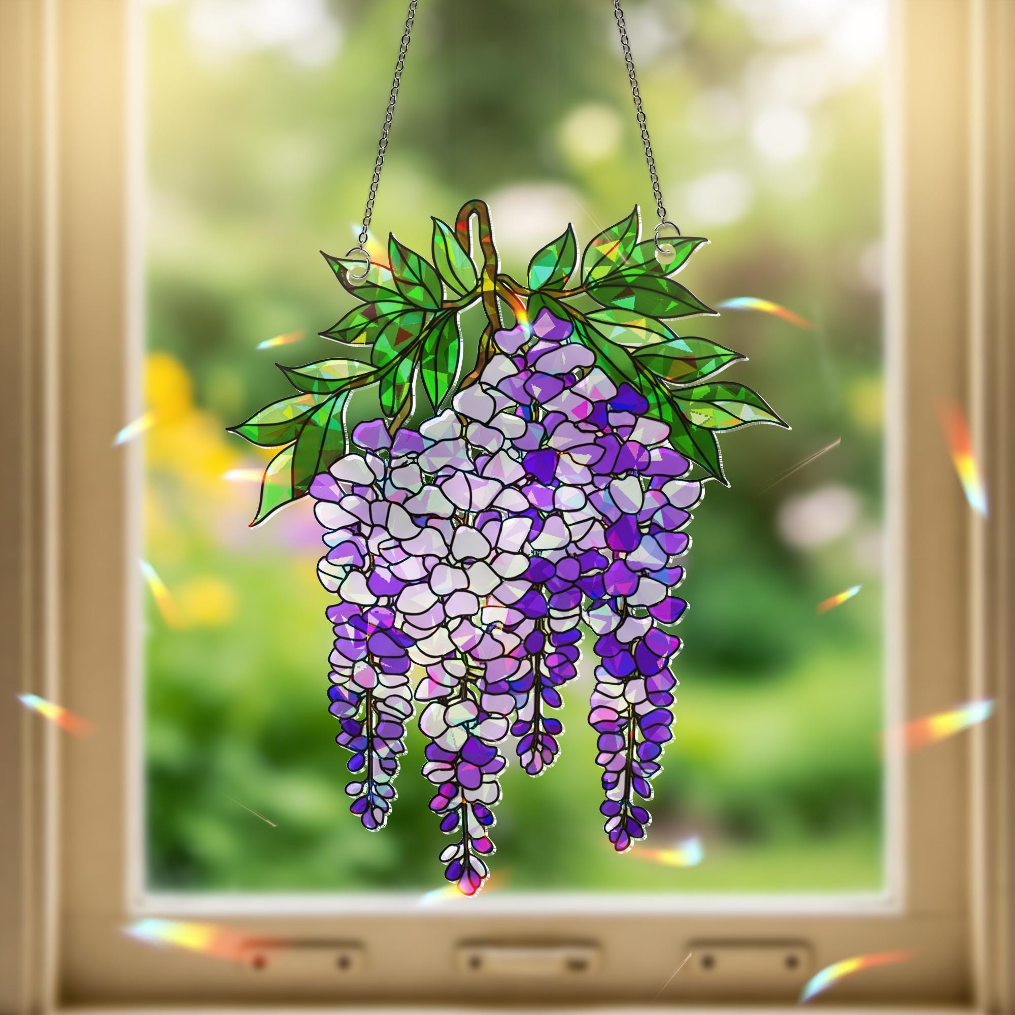 Wisteria Branch Bouquet Holographic Suncatcher – Acrylic Window Hanging Gift for Garden Lovers & Floral Decor Fans gift for mom