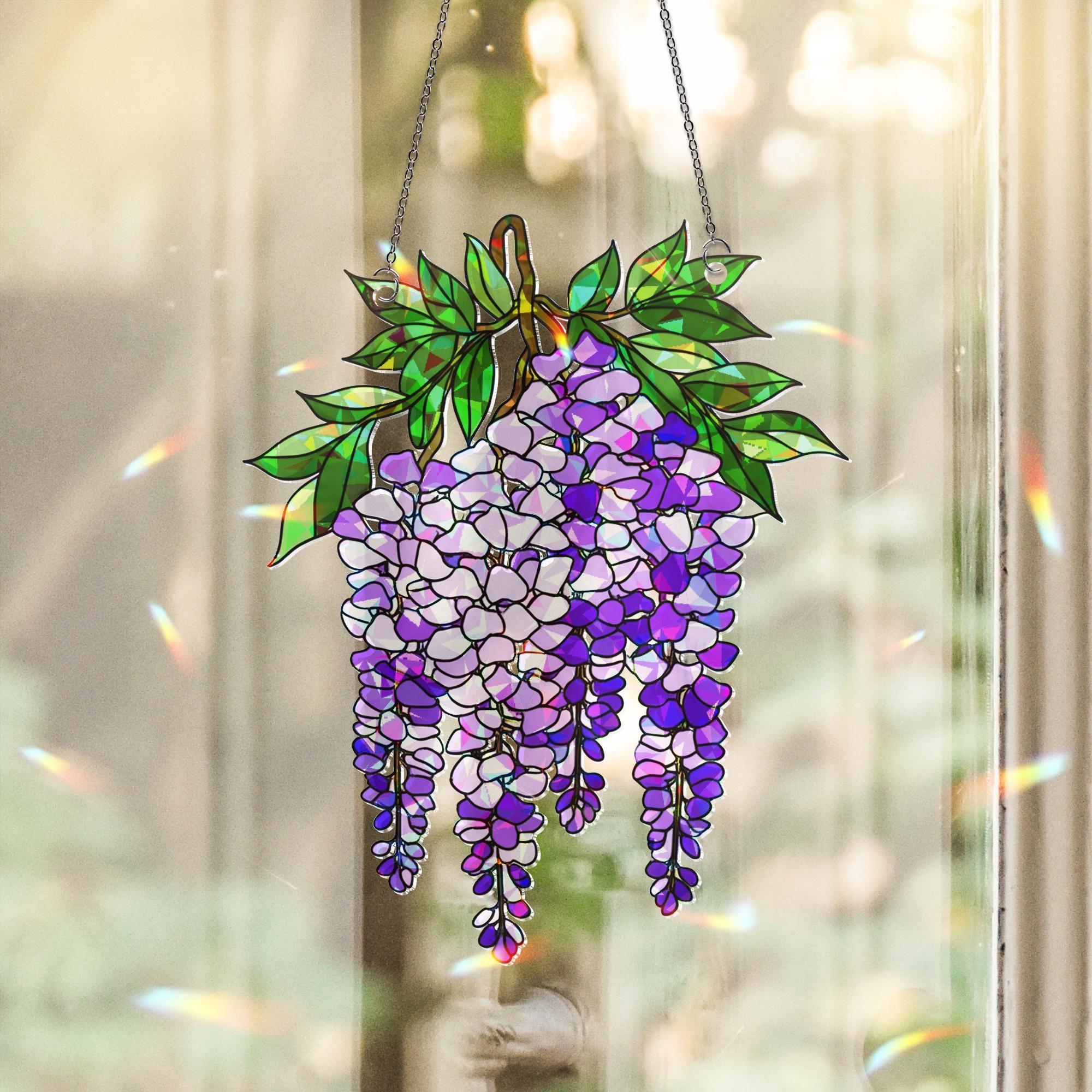 Wisteria Branch Bouquet Holographic Suncatcher – Acrylic Window Hanging Gift for Garden Lovers & Floral Decor Fans gift for mom