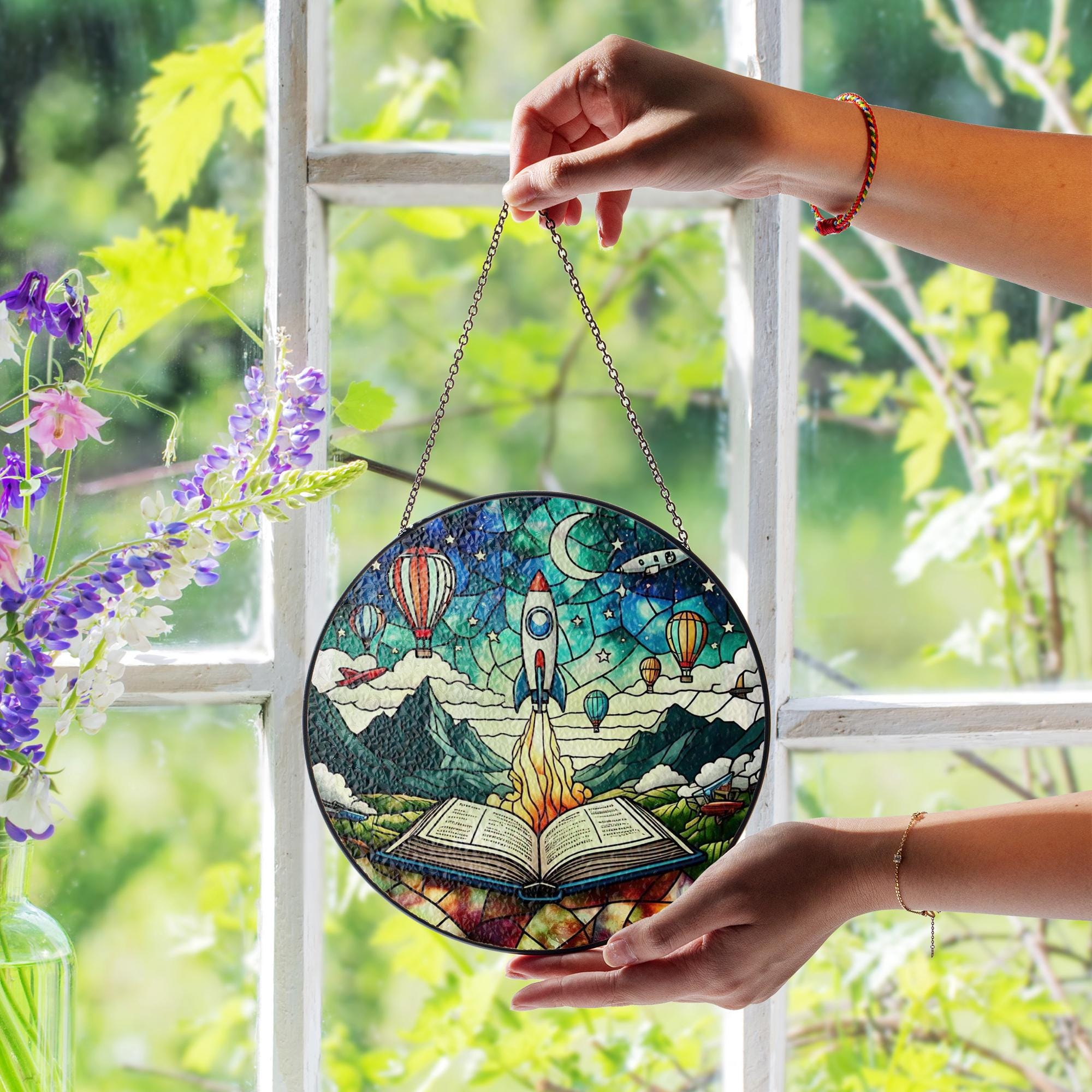 Book Adventure Rocket Glass Suncatcher, Whimsical Acrylic Window Hanging Ornament, Kids Room Decor, Fantasy Wall Art Gift, Gift For Grandkid