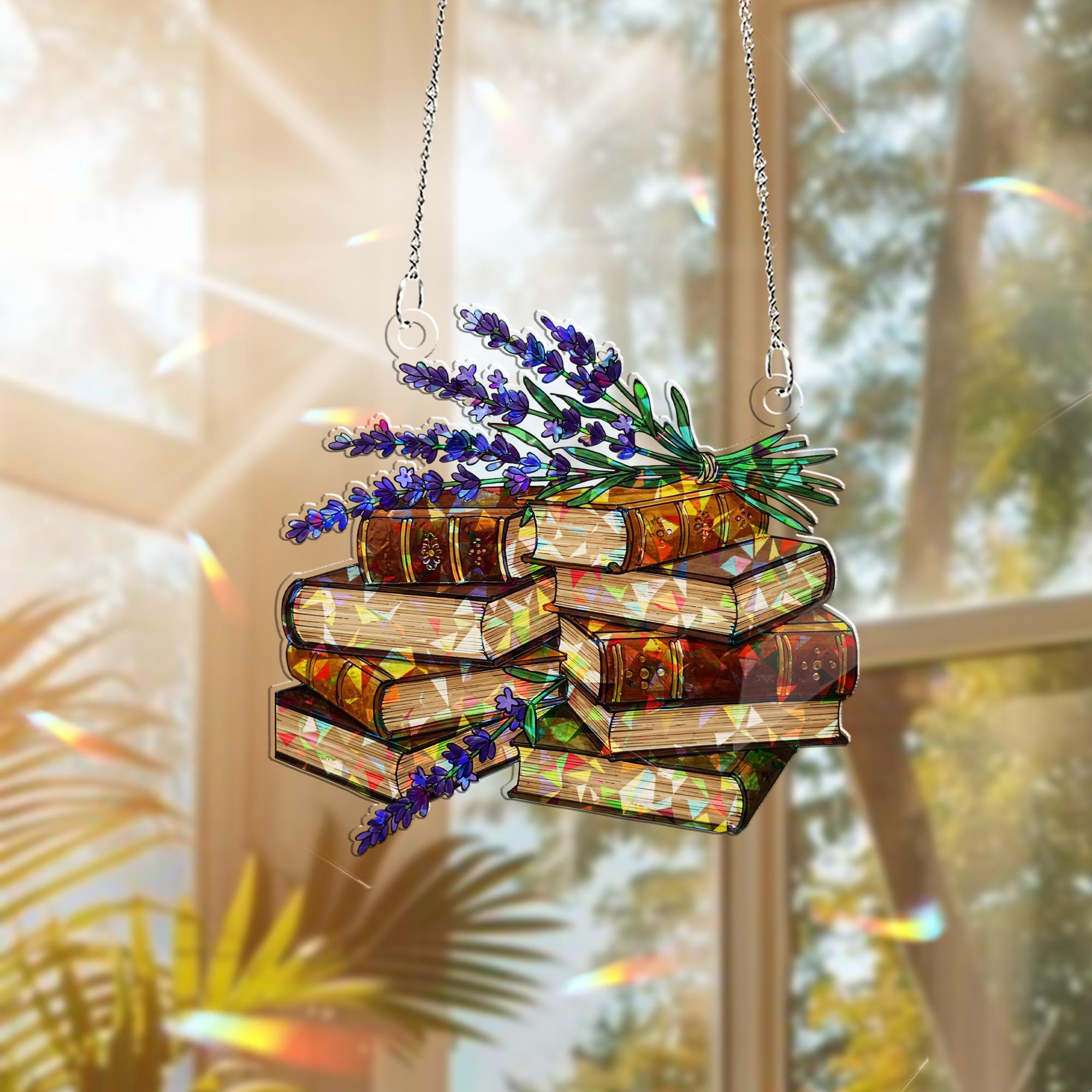 Stack of Old Books & Lavender Hologram Acrylic Window Hanging – Vintage Floral Decor – Mother’s Day Gift for Book Lover