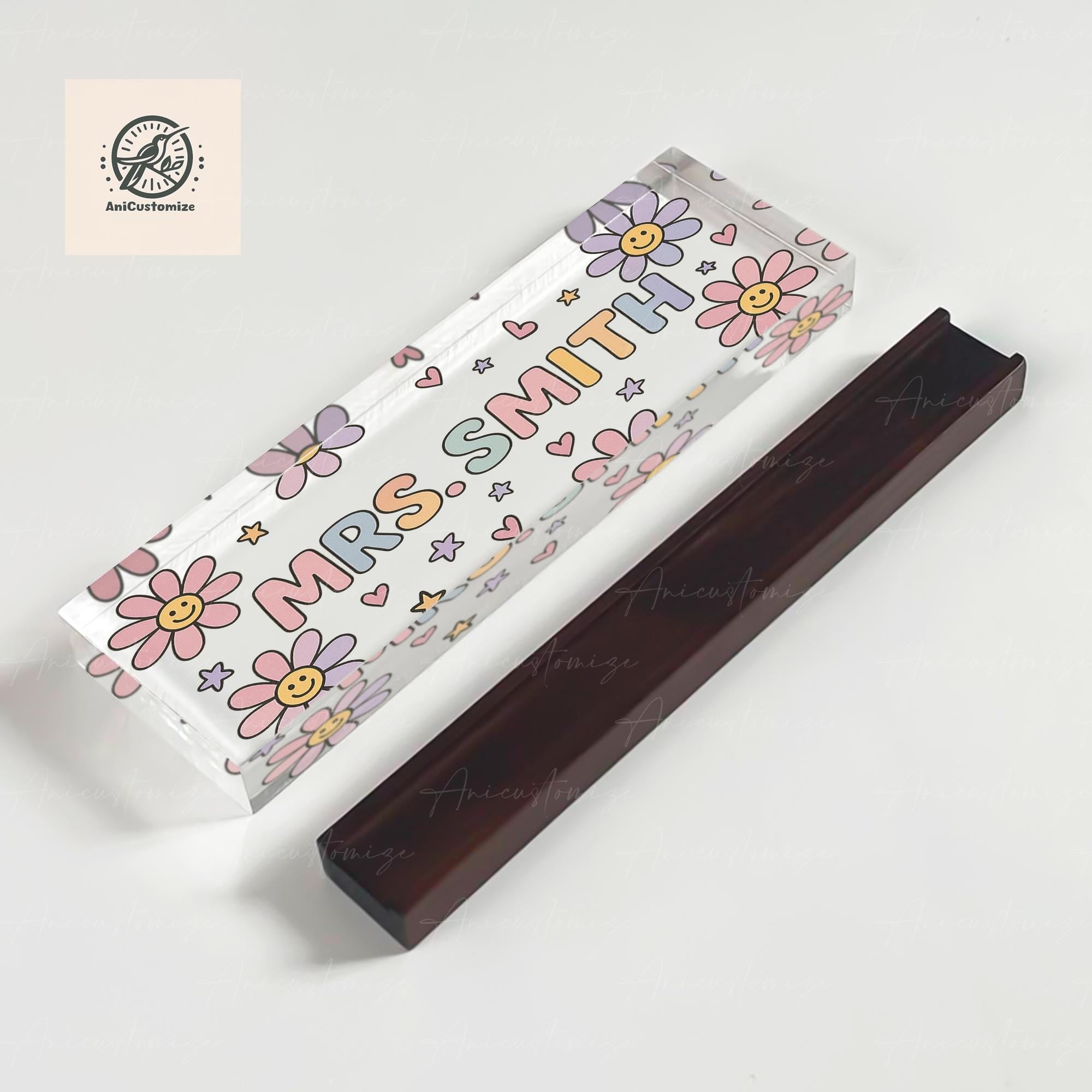 Custom Teacher Name Plaque, Personalized Name Sign, Groovy Floral Desk Nameplate, Teacher Gift, Classroom Decor, Flower Themed Name Sign