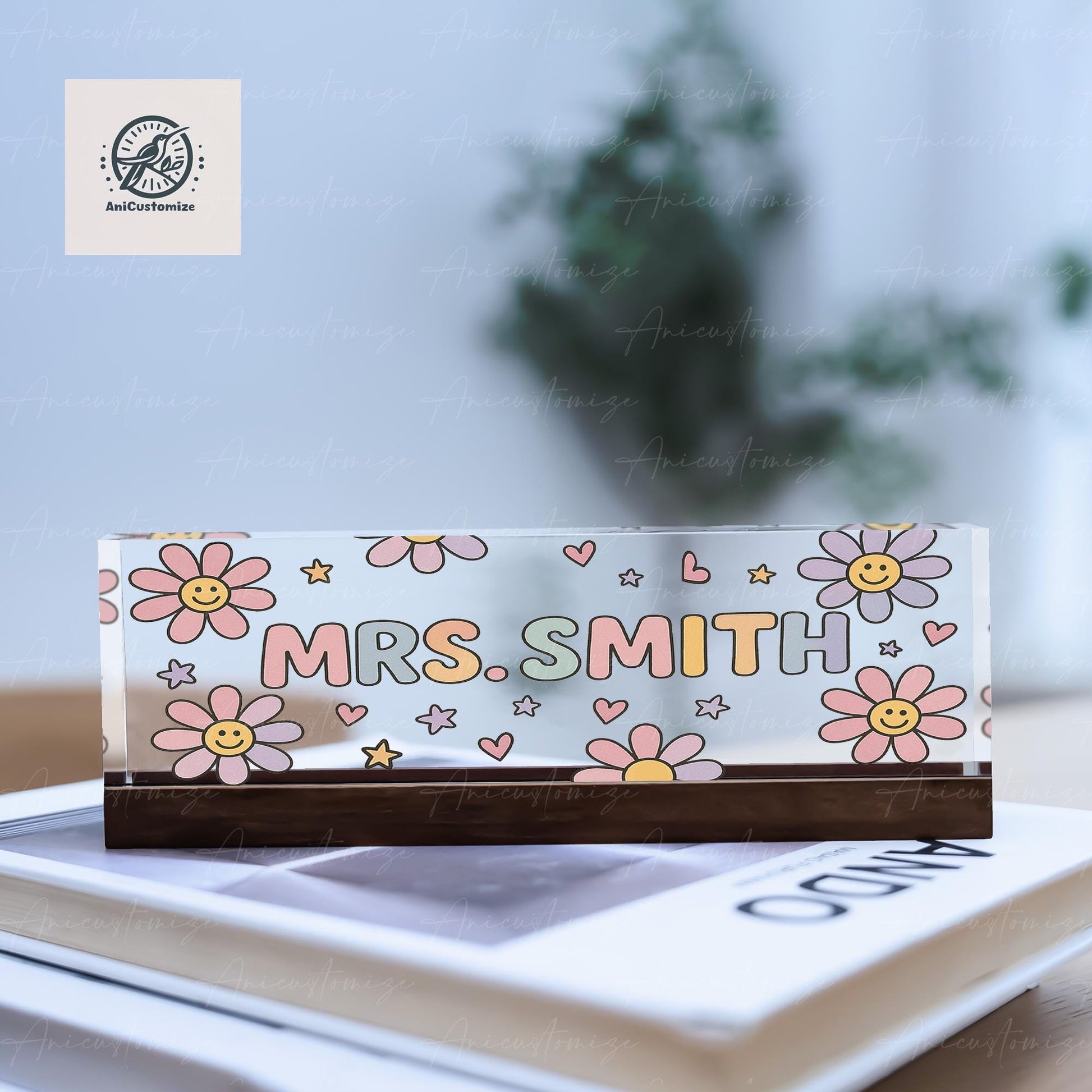 Custom Teacher Name Plaque, Personalized Name Sign, Groovy Floral Desk Nameplate, Teacher Gift, Classroom Decor, Flower Themed Name Sign