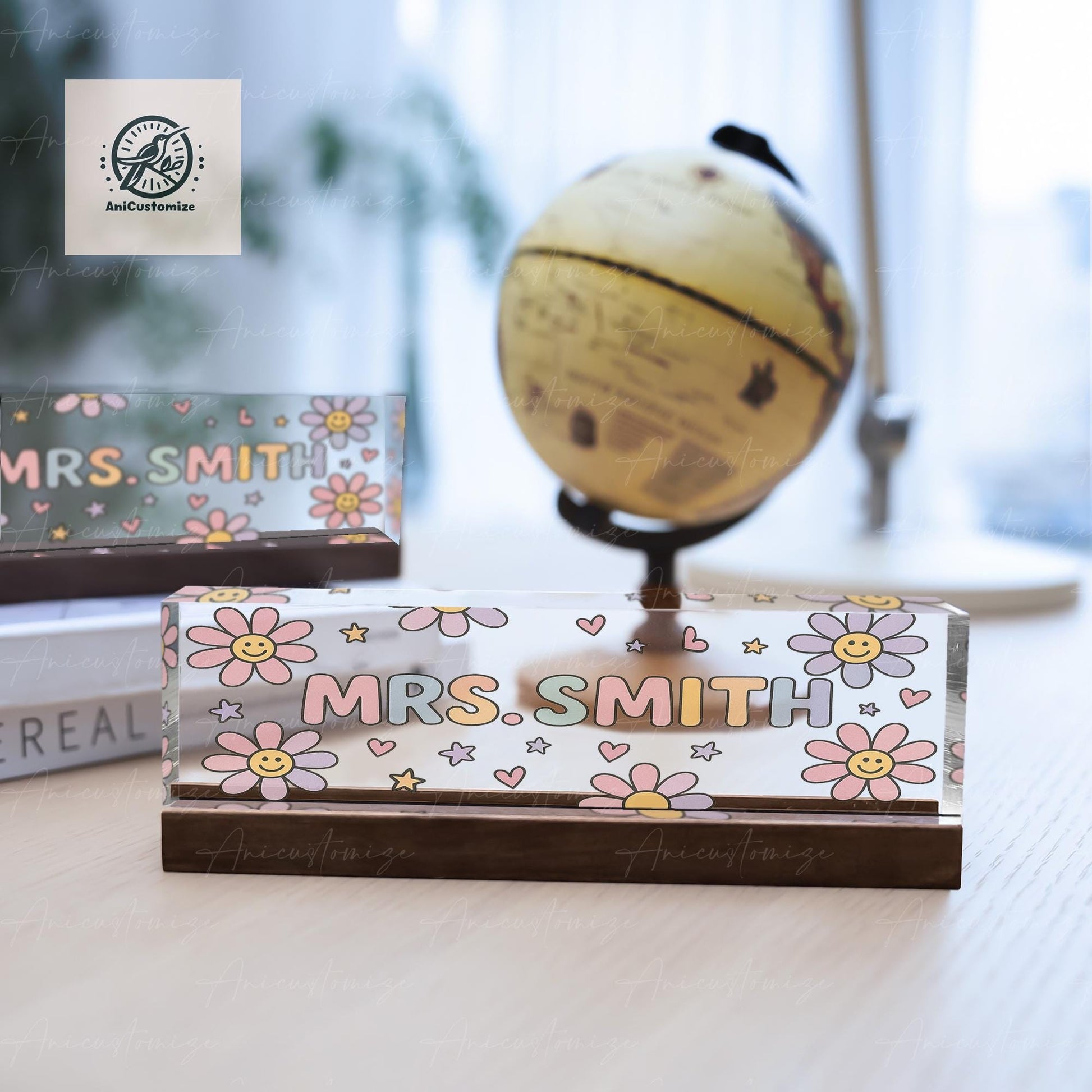 Custom Teacher Name Plaque, Personalized Name Sign, Groovy Floral Desk Nameplate, Teacher Gift, Classroom Decor, Flower Themed Name Sign