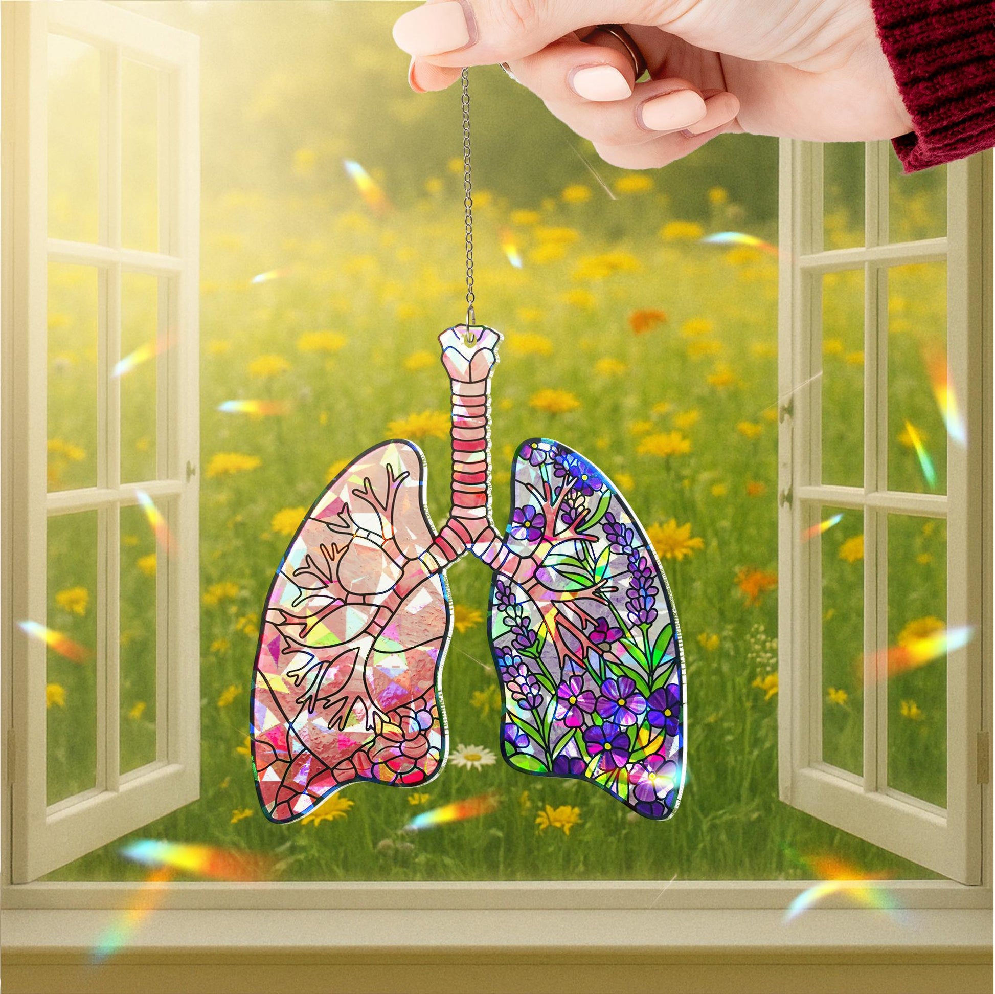 Floral Lungs Holographic Acrylic Suncatcher – Window Gift for Nurse, Lung Surgery Recovery, Respiratory Care Decor