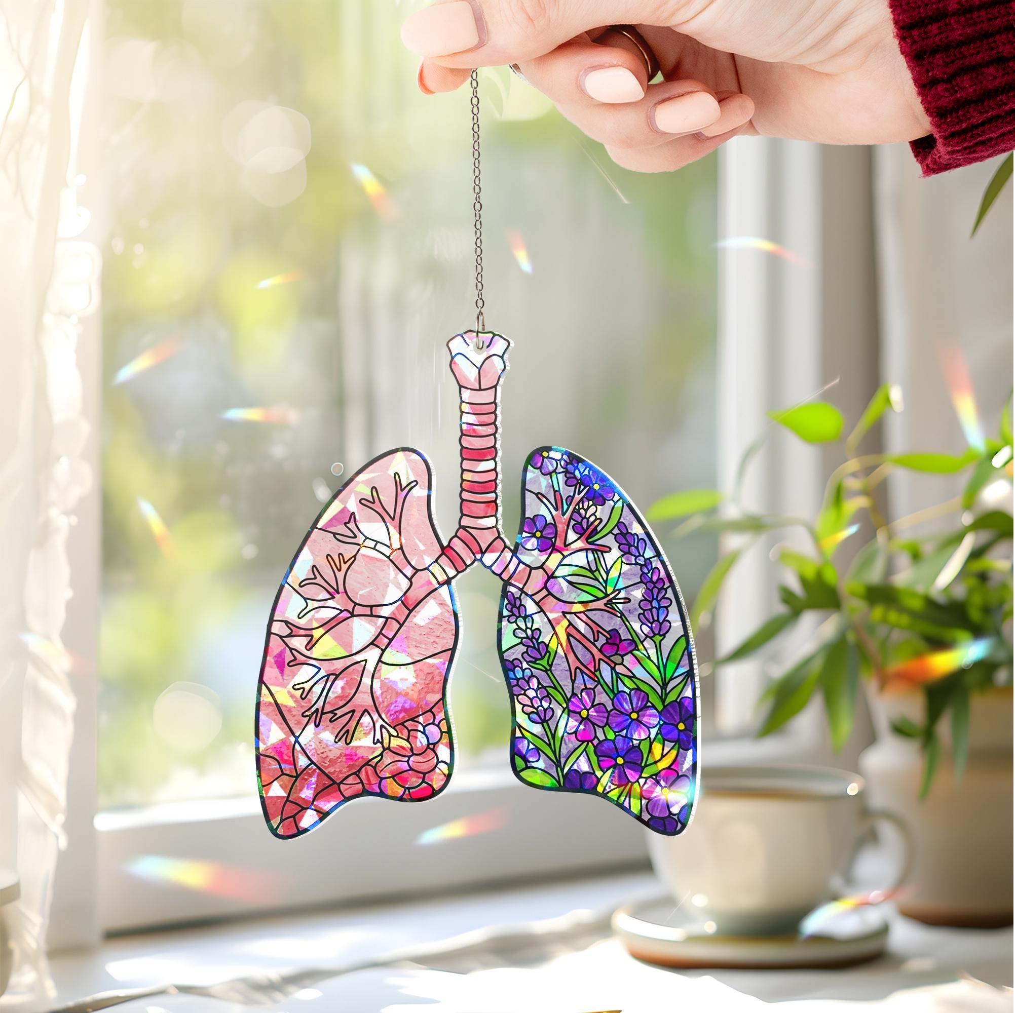 Floral Lungs Holographic Acrylic Suncatcher – Window Gift for Nurse, Lung Surgery Recovery, Respiratory Care Decor