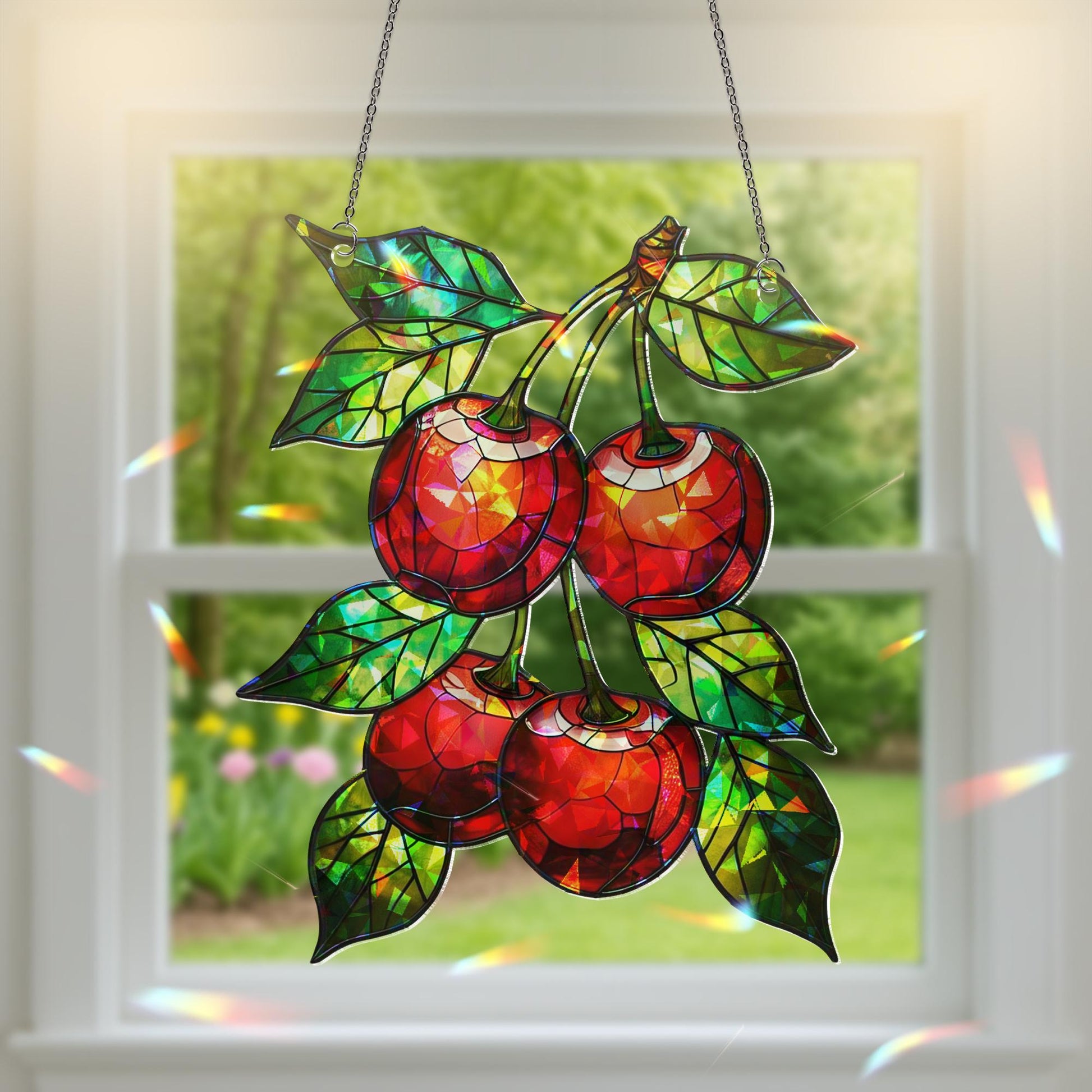 Cherry Hologram Acrylic Window Hanging Ornament, Fruit Decor, Red Cherry Kitchen Art, Nature Lover Gift Idea, Gift For Her,Cherry Lover Gift
