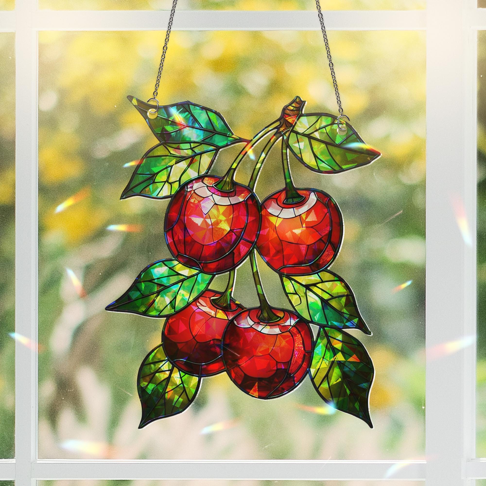 Cherry Hologram Acrylic Window Hanging Ornament, Fruit Decor, Red Cherry Kitchen Art, Nature Lover Gift Idea, Gift For Her,Cherry Lover Gift