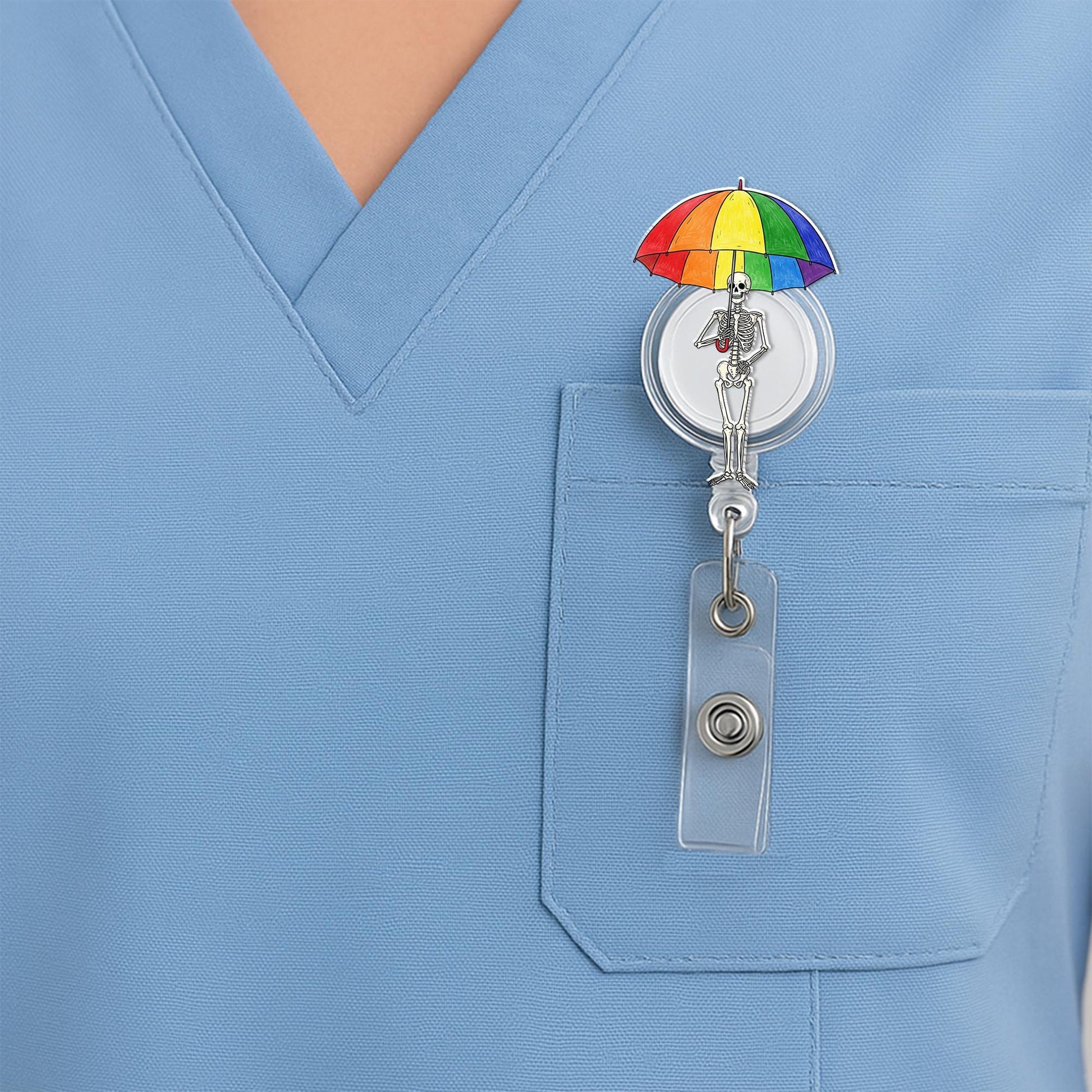 Skeleton Holding LGBT Umbrella Badge Reel, Pride ID Holder, Queer Skeleton Badge Clip, LGBTQ+ Accessory, Fun Nurse Badge Reel