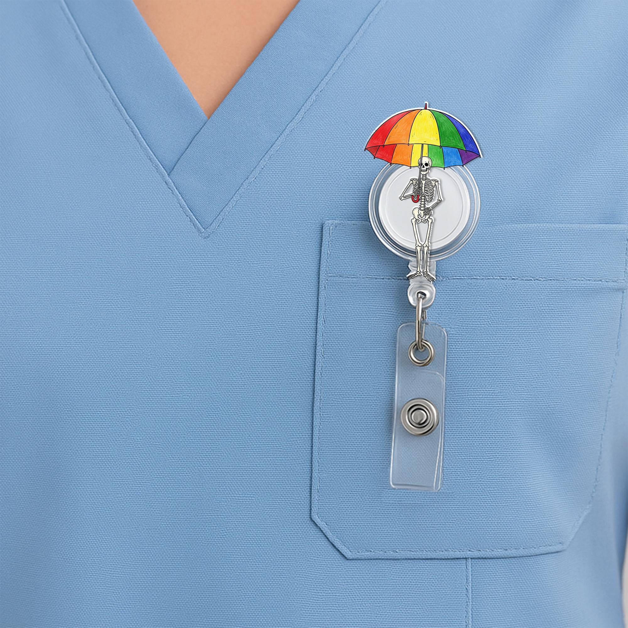 Skeleton Holding LGBT Umbrella Badge Reel, Pride ID Holder, Queer Skeleton Badge Clip, LGBTQ+ Accessory, Fun Nurse Badge Reel