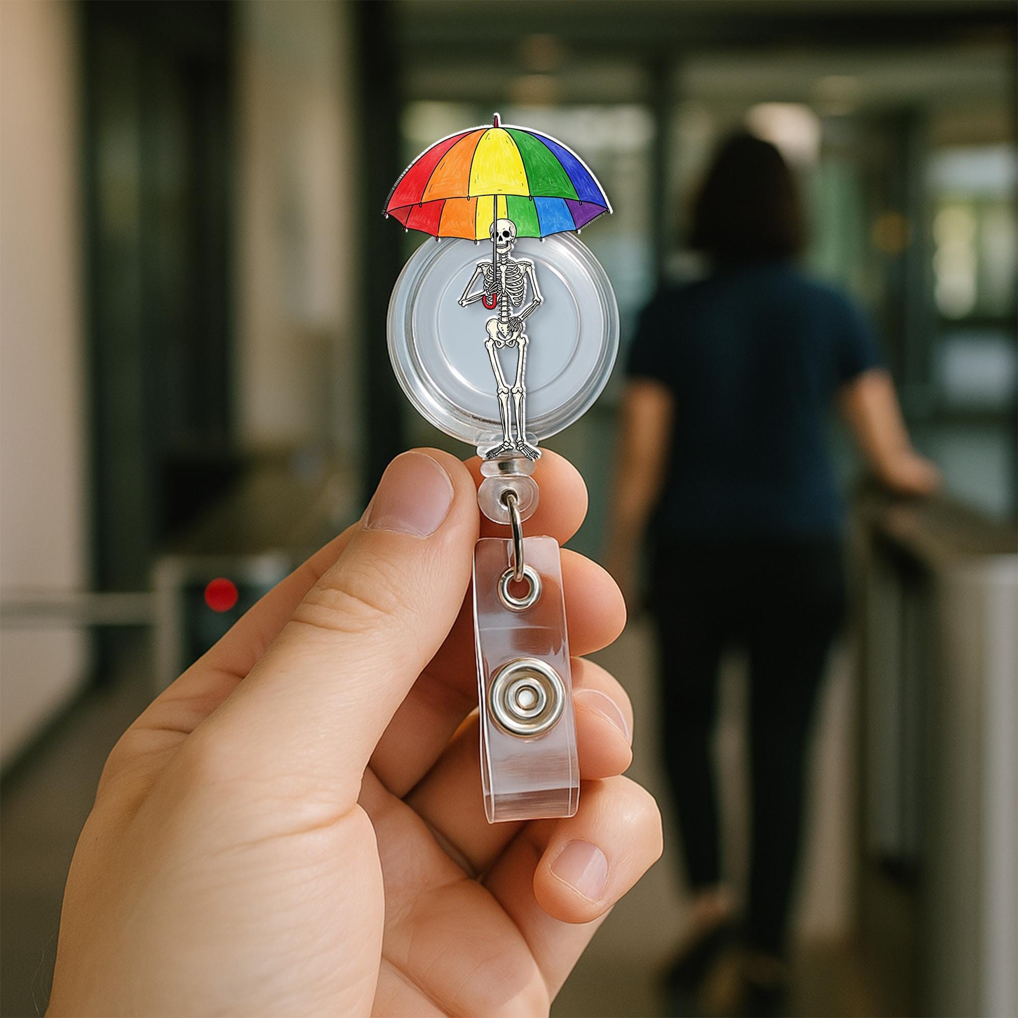 Skeleton Holding LGBT Umbrella Badge Reel, Pride ID Holder, Queer Skeleton Badge Clip, LGBTQ+ Accessory, Fun Nurse Badge Reel