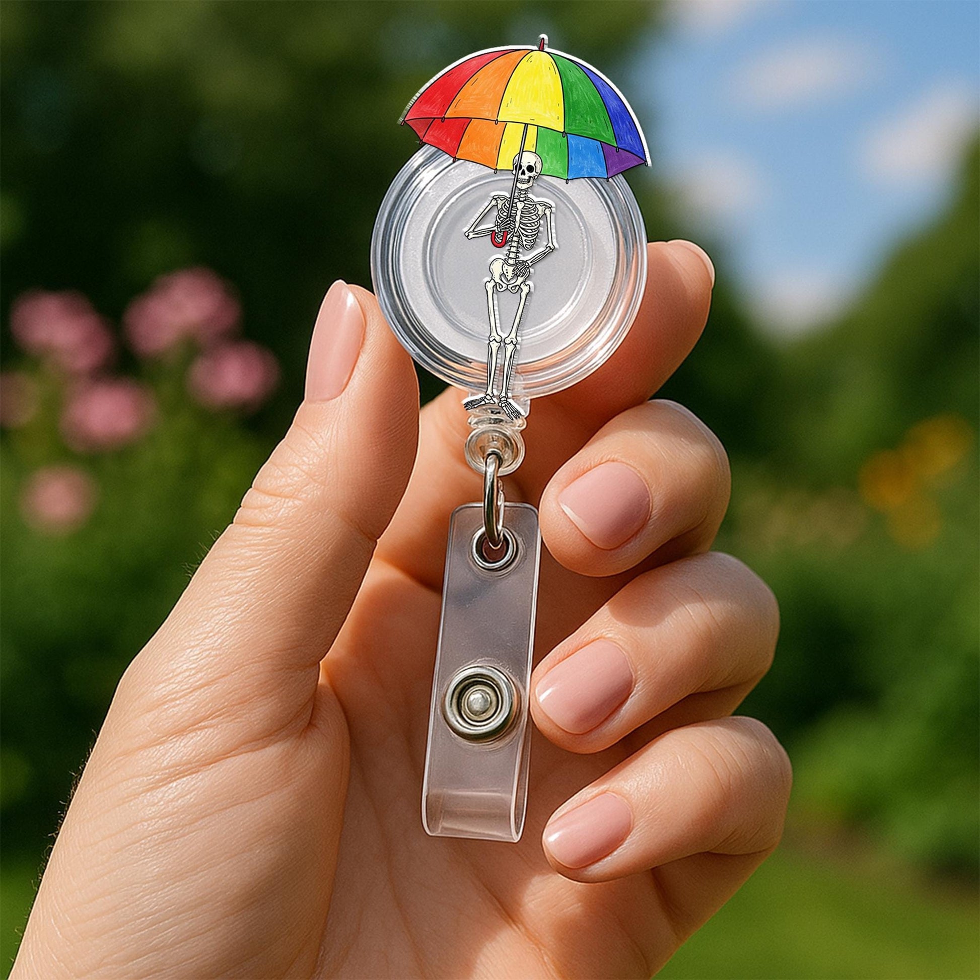 Skeleton Holding LGBT Umbrella Badge Reel, Pride ID Holder, Queer Skeleton Badge Clip, LGBTQ+ Accessory, Fun Nurse Badge Reel