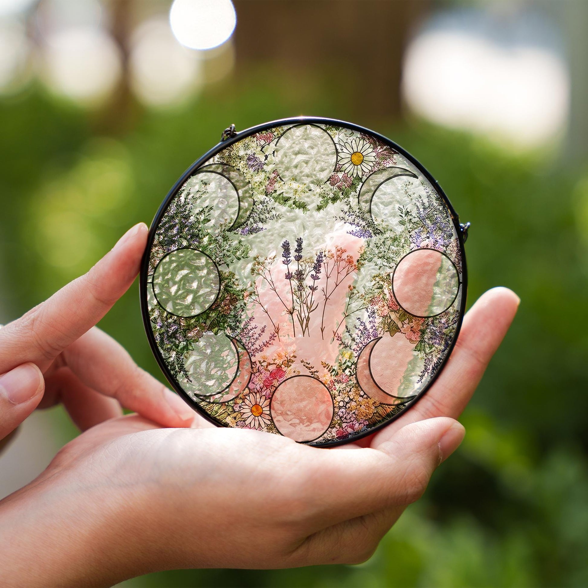 Moon Phase Wildflower Glass Suncatcher – Floral Lunar Cycle Window Hanging Gift for Boho Home, Witchy Decor, Nature & Moon Lovers