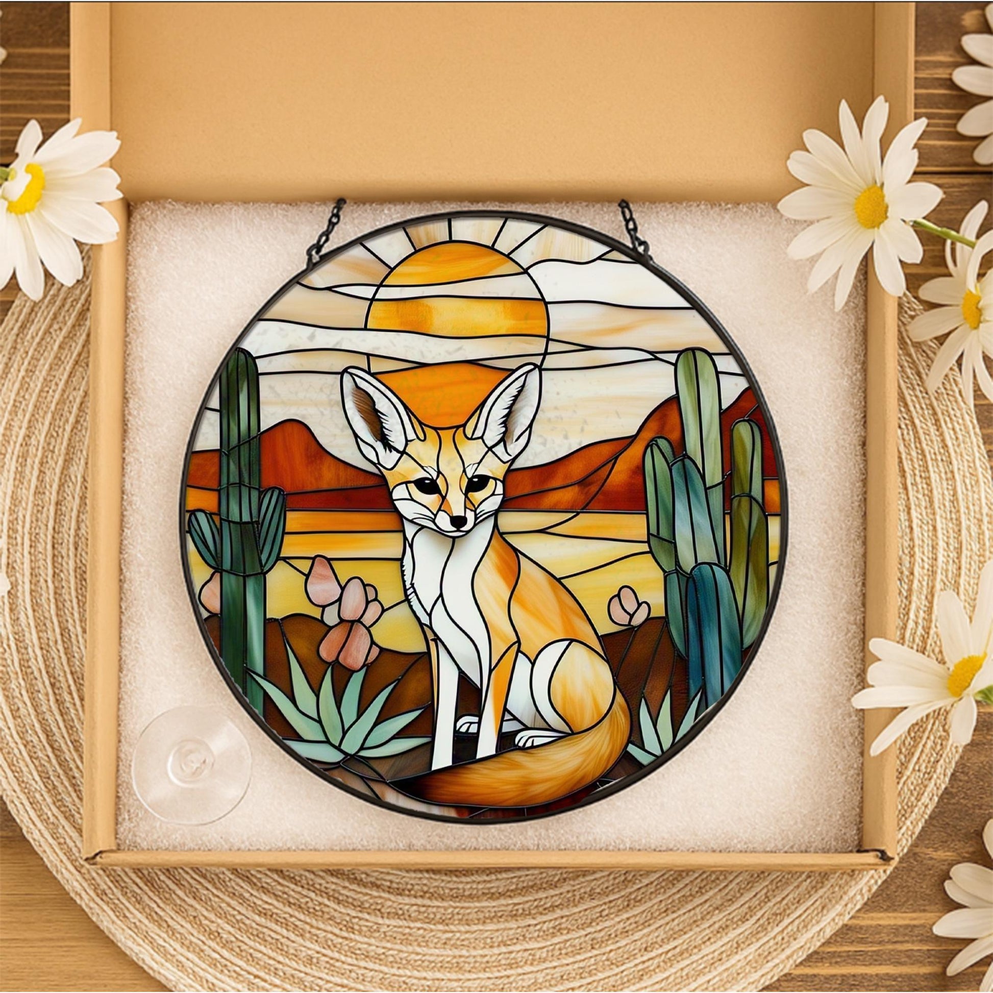 Fennec Fox Glass Suncatcher, Desert Scene Acrylic Window Hanging Ornament, Wildlife Home Decor, Unique Animal Lover Gift, Wild Animal