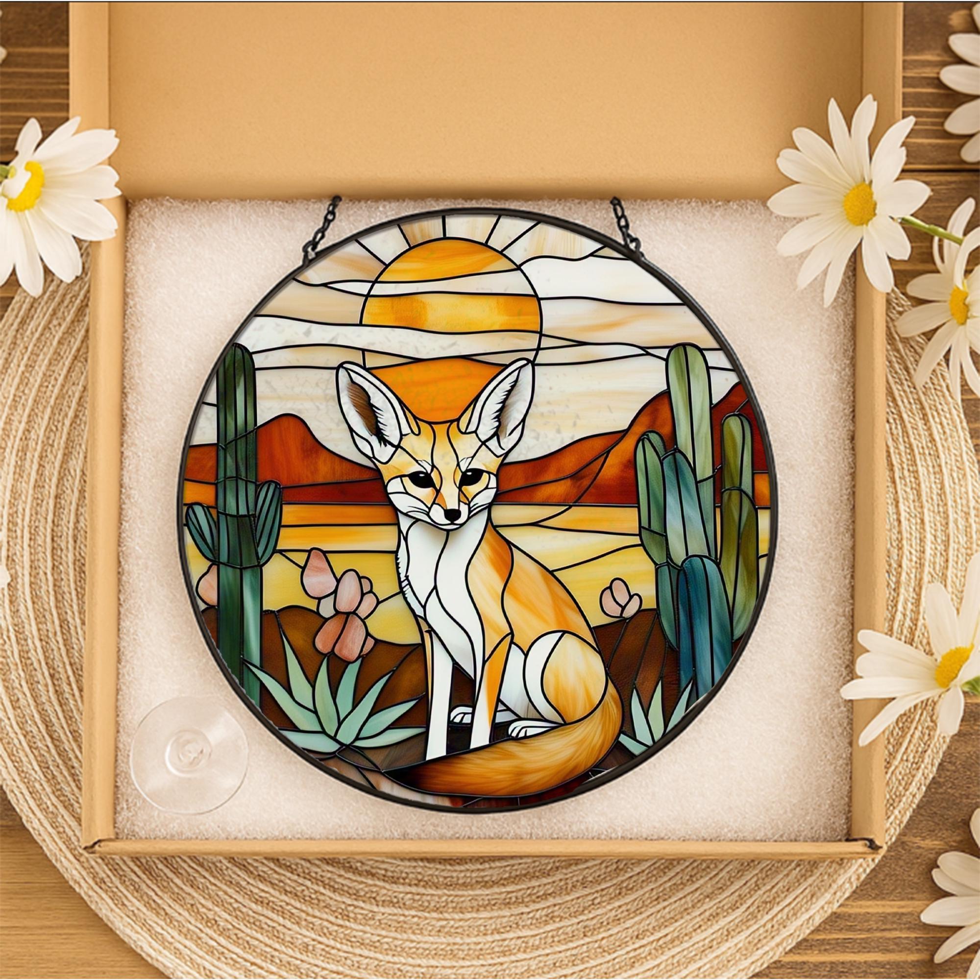 Fennec Fox Glass Suncatcher, Desert Scene Acrylic Window Hanging Ornament, Wildlife Home Decor, Unique Animal Lover Gift, Wild Animal