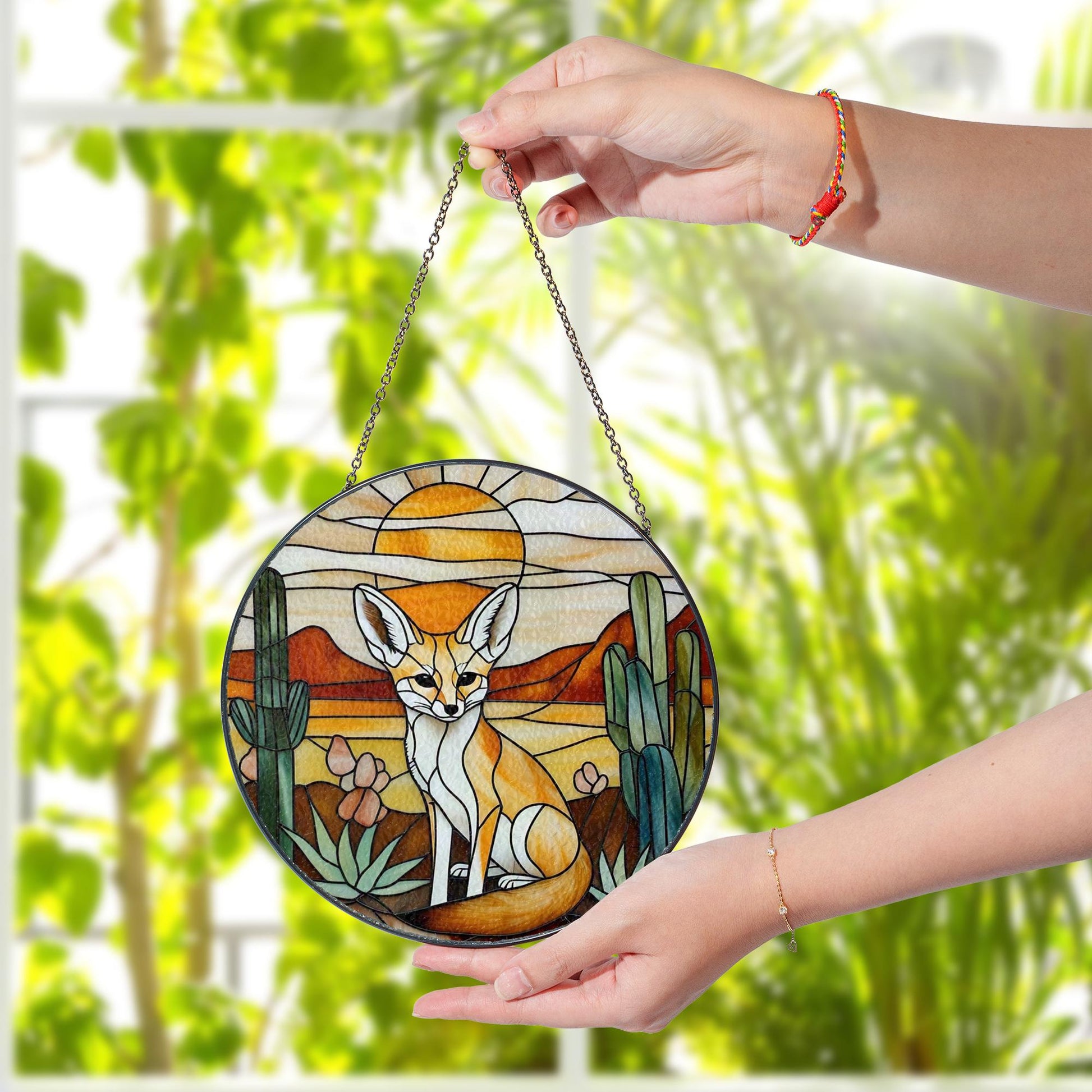 Fennec Fox Glass Suncatcher, Desert Scene Acrylic Window Hanging Ornament, Wildlife Home Decor, Unique Animal Lover Gift, Wild Animal