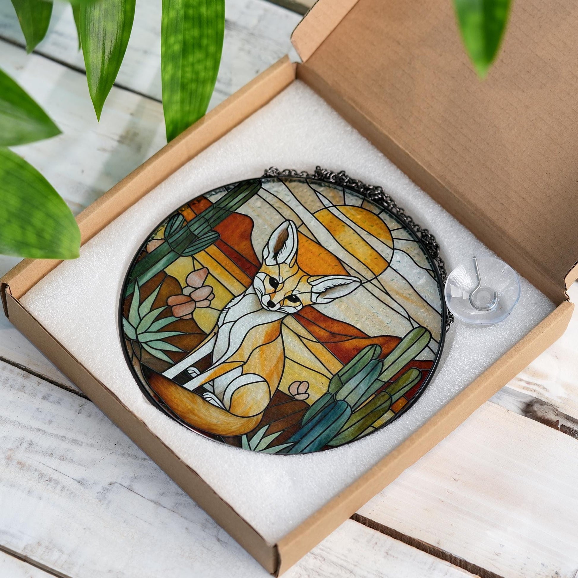 Fennec Fox Glass Suncatcher, Desert Scene Acrylic Window Hanging Ornament, Wildlife Home Decor, Unique Animal Lover Gift, Wild Animal