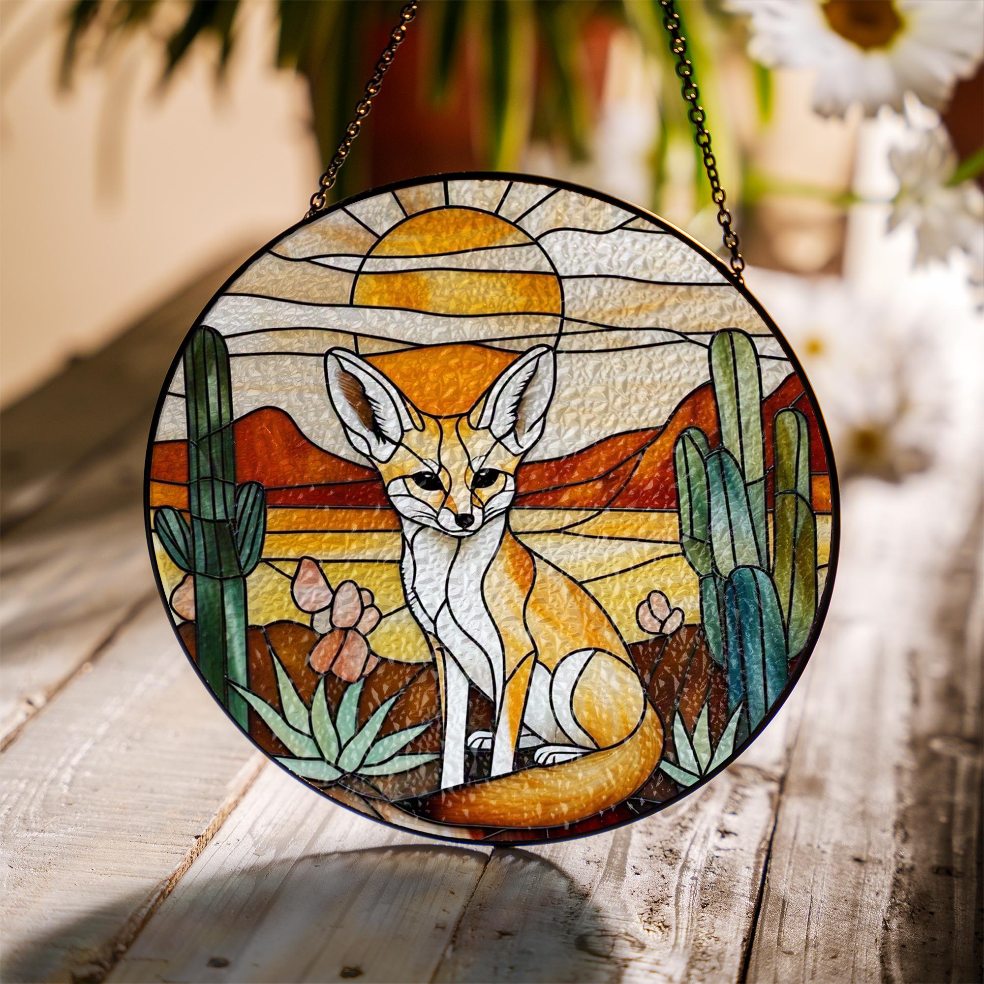 Fennec Fox Glass Suncatcher, Desert Scene Acrylic Window Hanging Ornament, Wildlife Home Decor, Unique Animal Lover Gift, Wild Animal