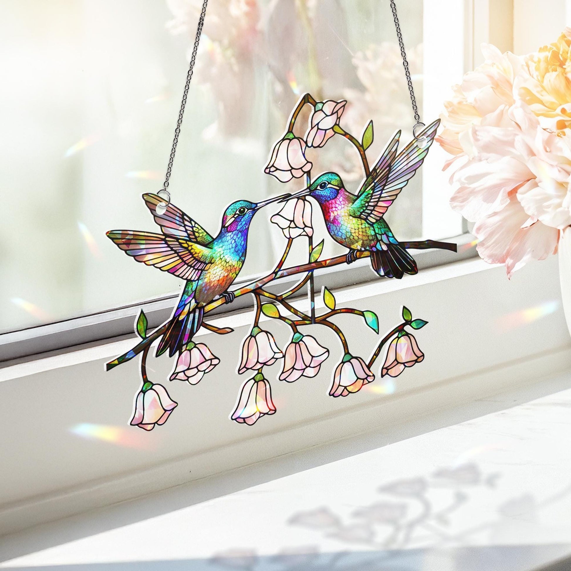 Colorful Hummingbird Hologram Acrylic Window Hanging Ornament, Bird Lover Gift, Floral Home Decor, Gift for Her