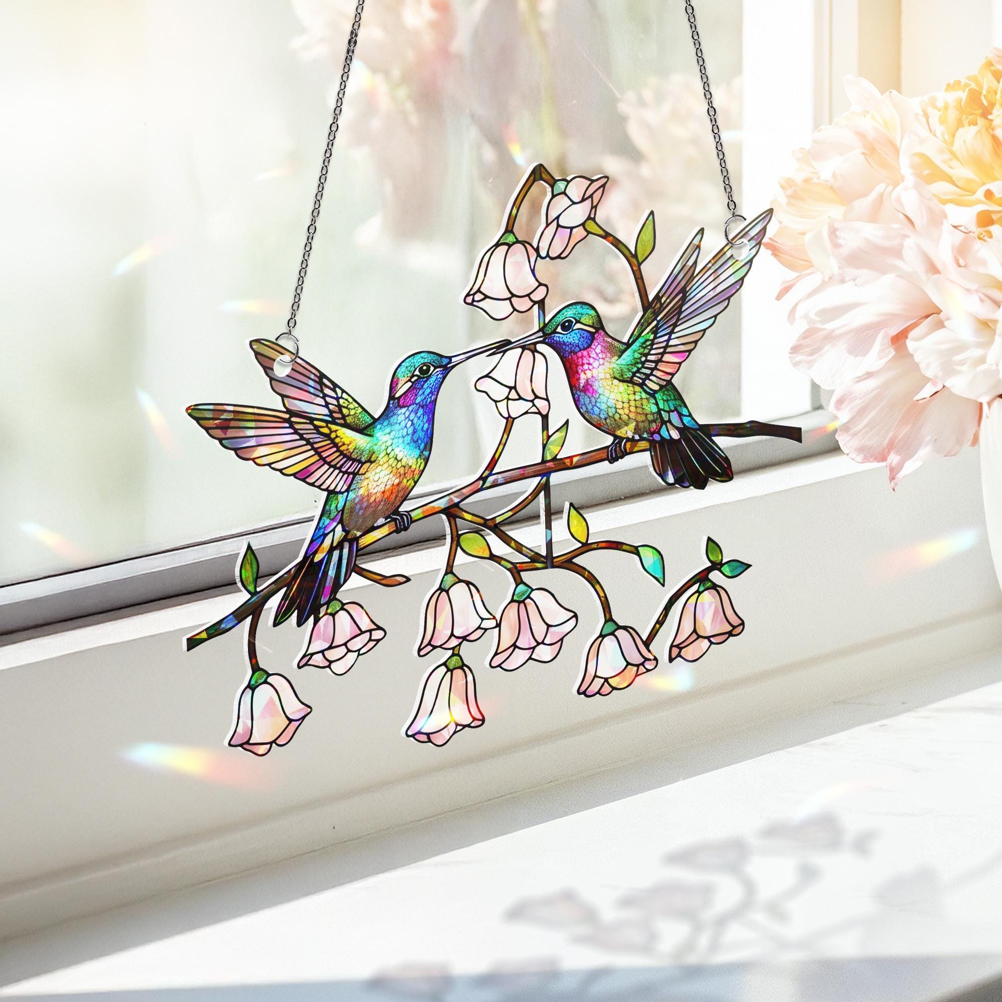 Colorful Hummingbird Hologram Acrylic Window Hanging Ornament, Bird Lover Gift, Floral Home Decor, Gift for Her