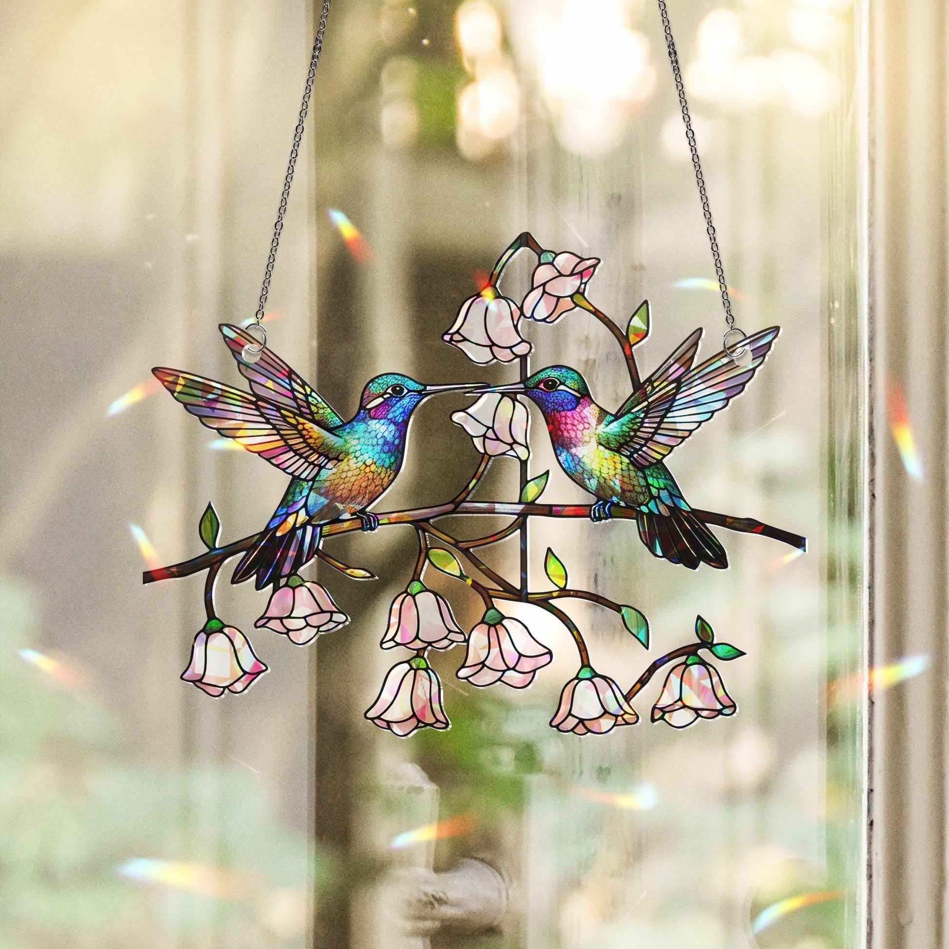 Colorful Hummingbird Hologram Acrylic Window Hanging Ornament, Bird Lover Gift, Floral Home Decor, Gift for Her