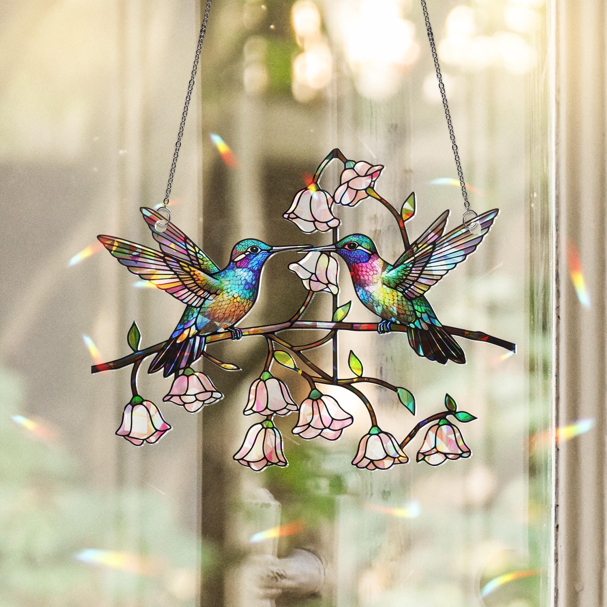 Colorful Hummingbird Hologram Acrylic Window Hanging Ornament, Bird Lover Gift, Floral Home Decor, Gift for Her