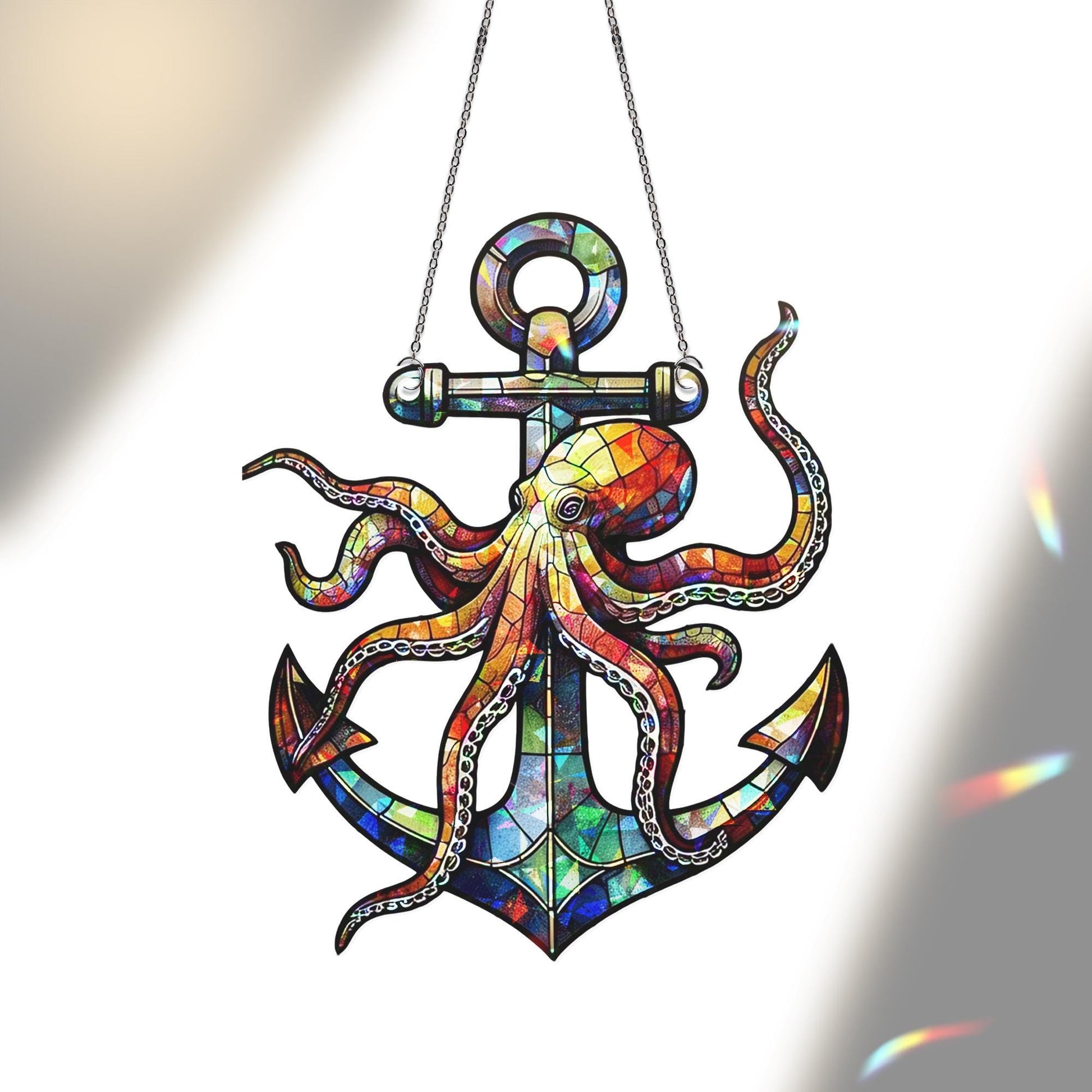 Style Octopus & Anchor Hologram Acrylic Window Hanging, Nautical Ocean Beach Theme Decor, Unique Coastal Art Gift Idea, Unique Beach House