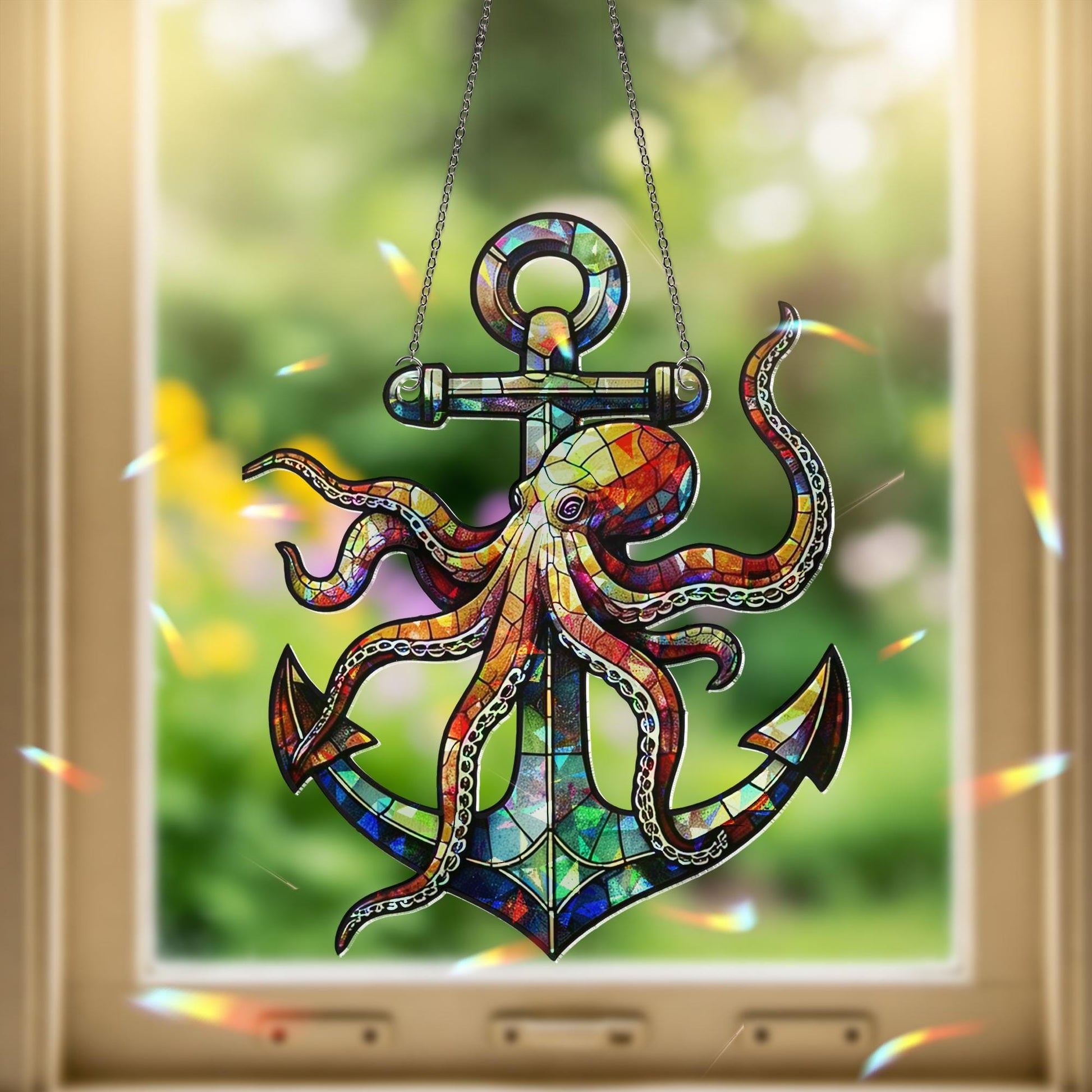 Style Octopus & Anchor Hologram Acrylic Window Hanging, Nautical Ocean Beach Theme Decor, Unique Coastal Art Gift Idea, Unique Beach House