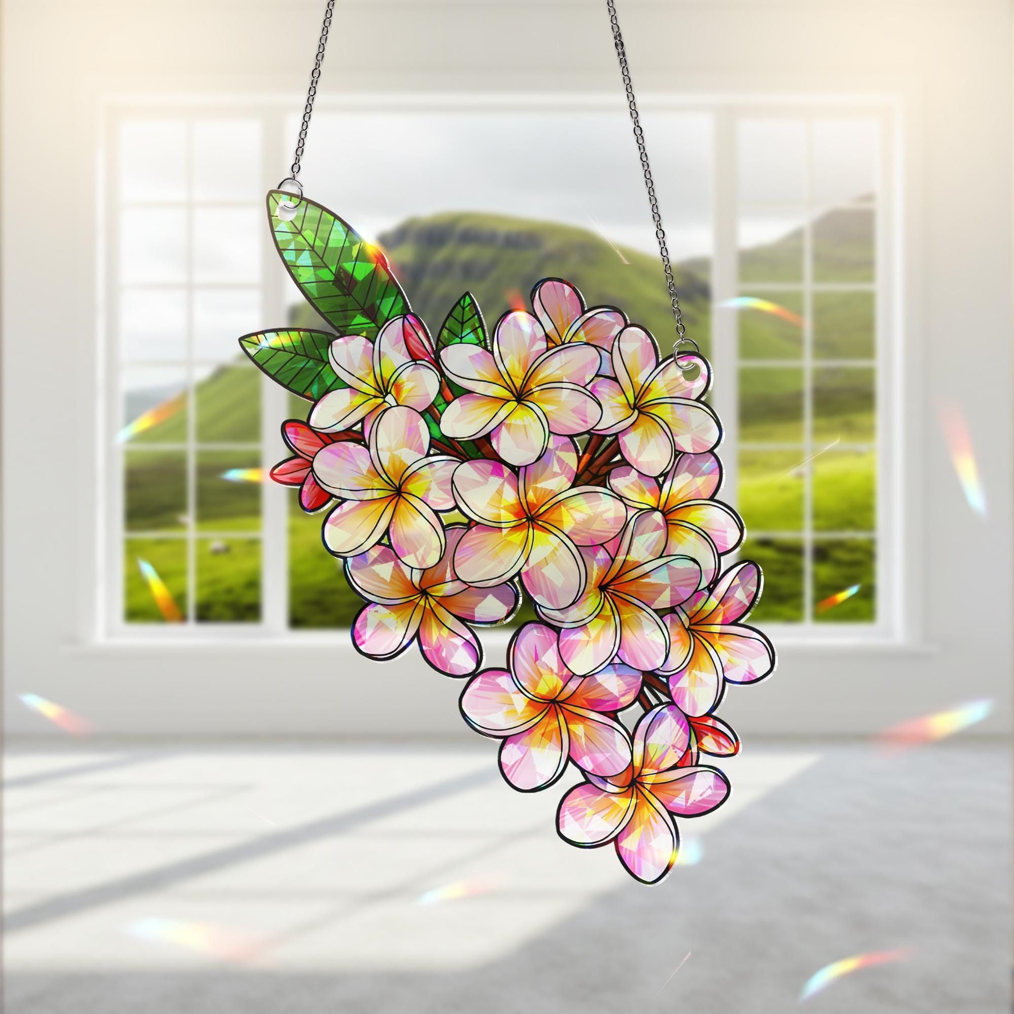Plumeria Hologram Acrylic Window Decor,  Flower Window Hanging, Boho Window Decor, Holographic Plumeria Art,Flower Lover Decor,Plumeria Gift