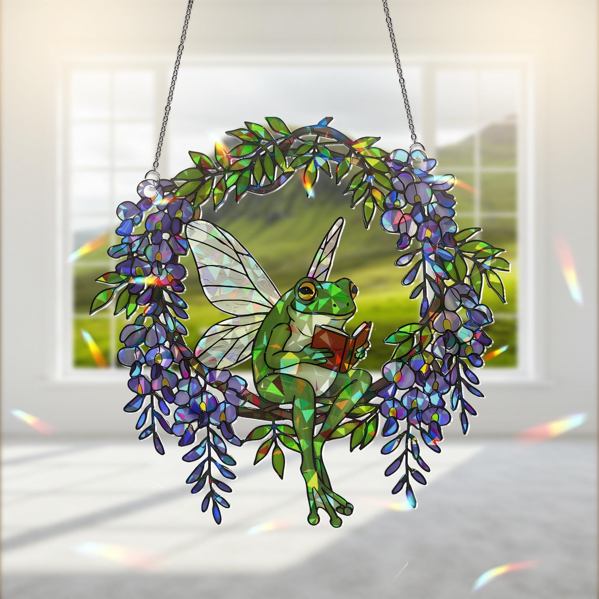 Fairy Frog reading ACRYLIC Hologram Decor, Hologram Window Decor, Reading Lover Gift, Frog Fairy Ornament, Garden Porch Hanging Art