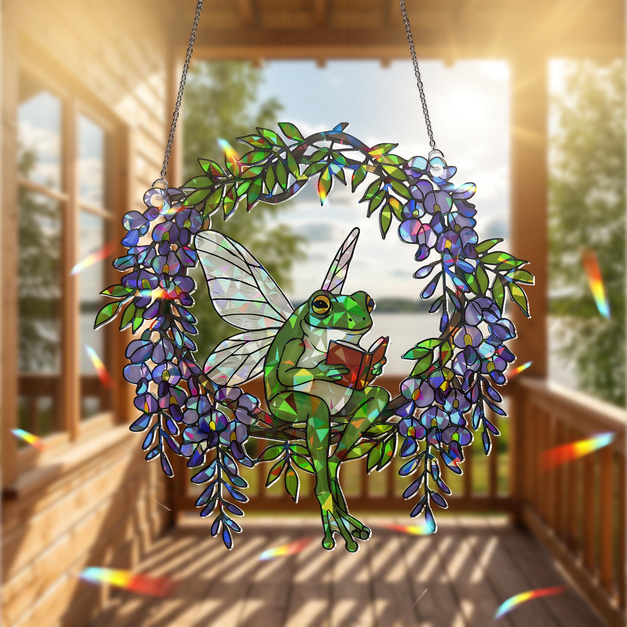 Fairy Frog reading ACRYLIC Hologram Decor, Hologram Window Decor, Reading Lover Gift, Frog Fairy Ornament, Garden Porch Hanging Art
