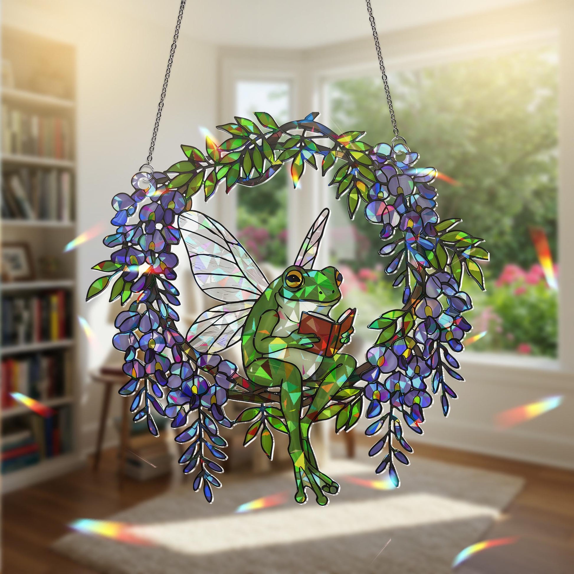 Fairy Frog reading ACRYLIC Hologram Decor, Hologram Window Decor, Reading Lover Gift, Frog Fairy Ornament, Garden Porch Hanging Art