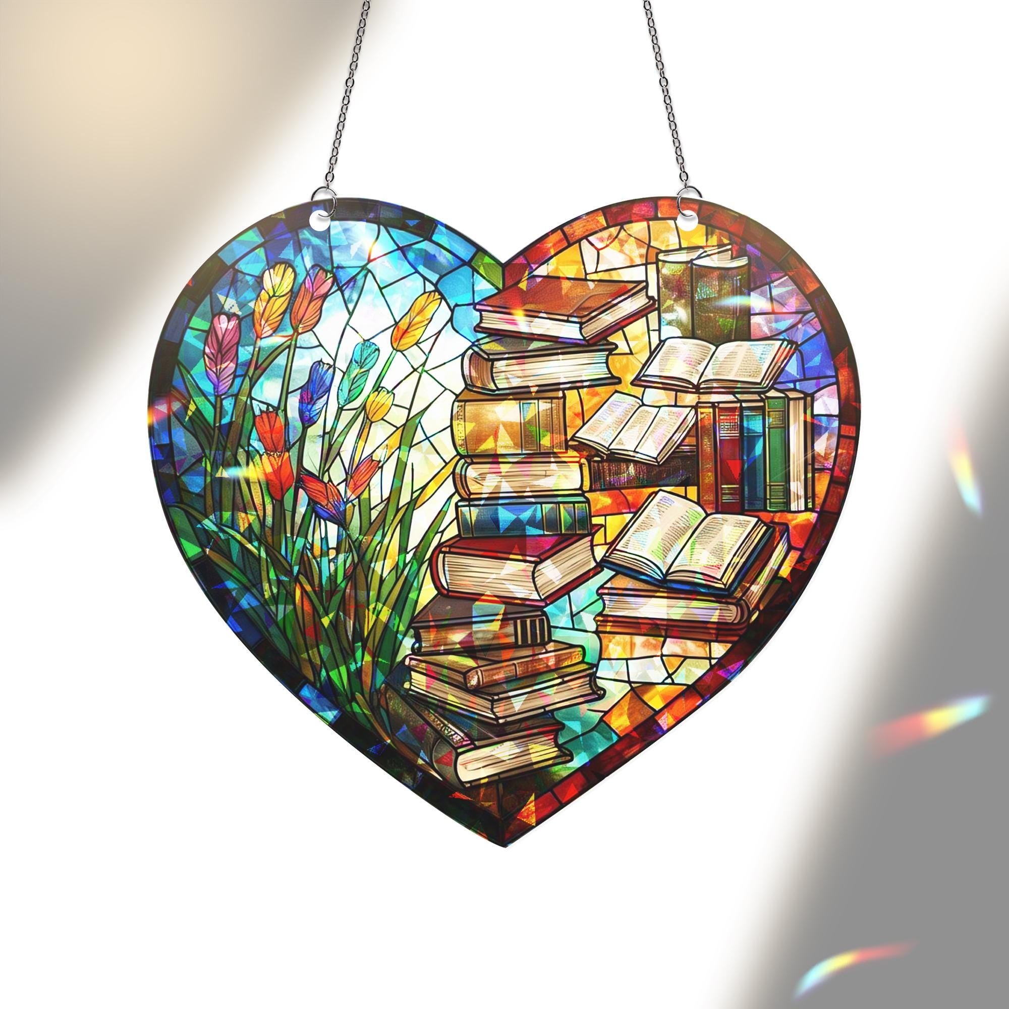 Book Lover Tulip Flower Heart Shaped Hologram Acrylic Window Hanging, Book Lover Flower Design, Unique Home Decor, Library Art Ornament