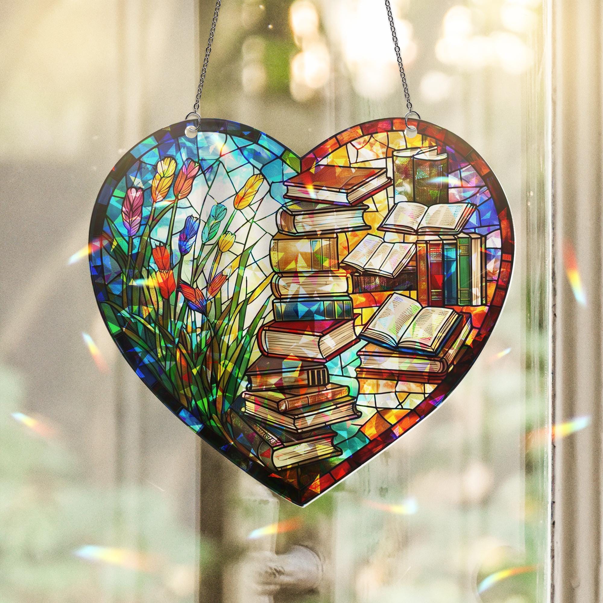 Book Lover Tulip Flower Heart Shaped Hologram Acrylic Window Hanging, Book Lover Flower Design, Unique Home Decor, Library Art Ornament