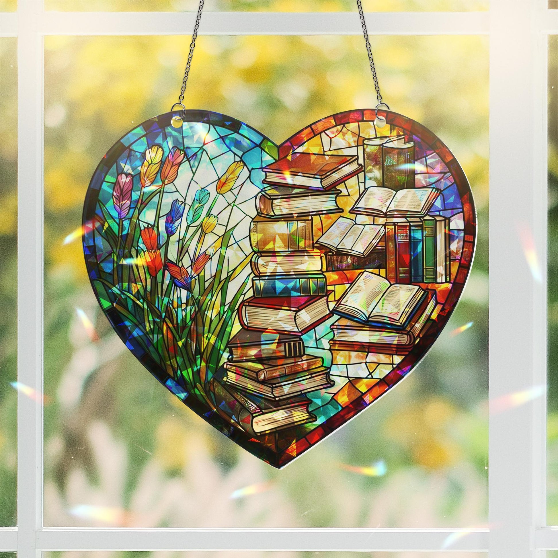 Book Lover Tulip Flower Heart Shaped Hologram Acrylic Window Hanging, Book Lover Flower Design, Unique Home Decor, Library Art Ornament