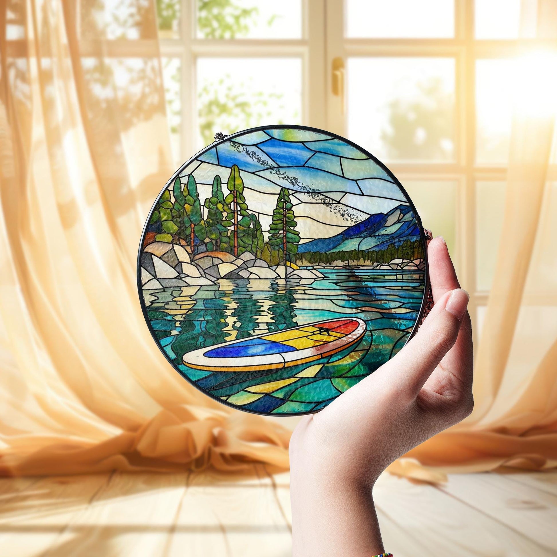 Lake Life Paddleboard Glass Suncatcher, Mountain Scenery Window Hanging, Nature Inspired Home Decor, Unique Gift for Water Sports Lover