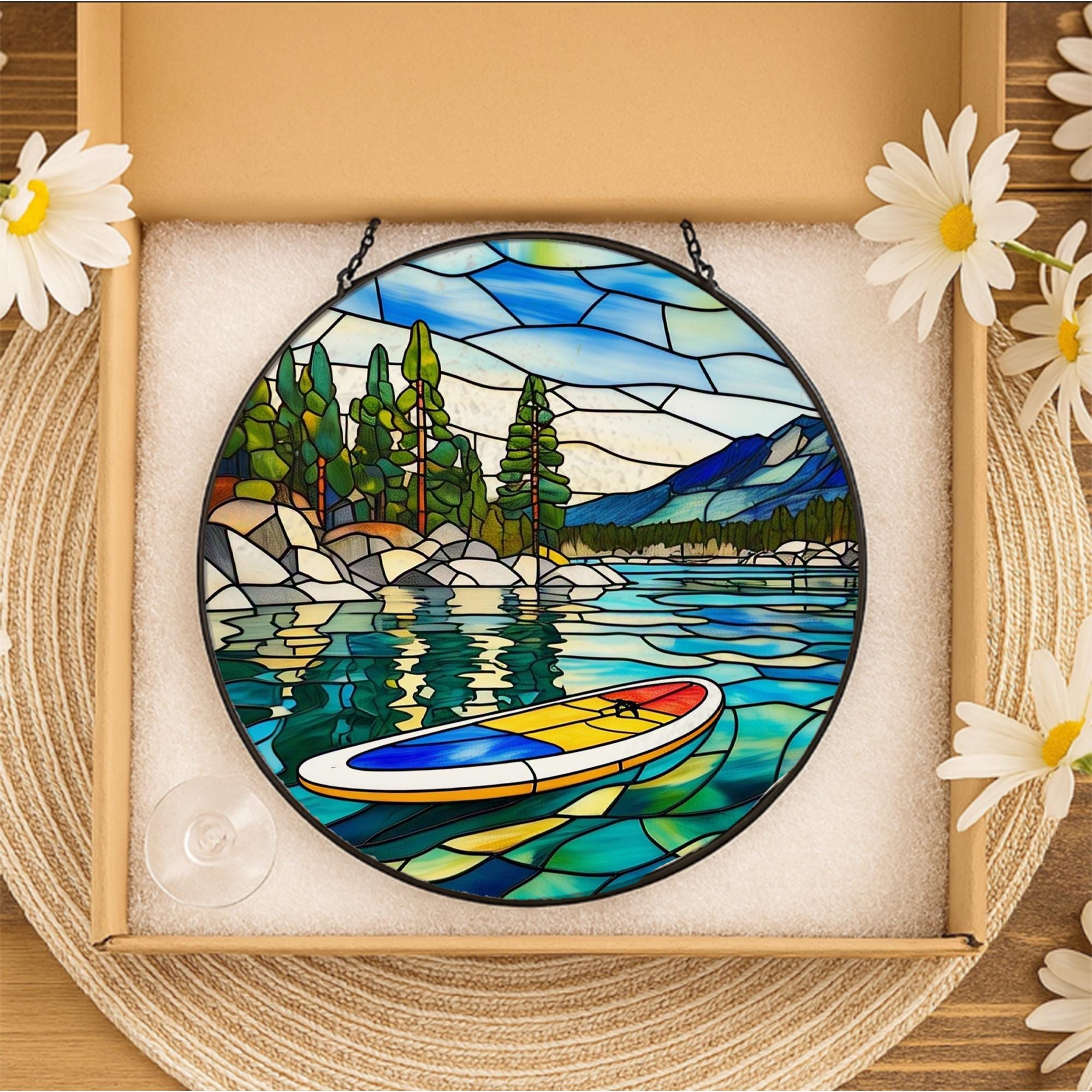 Lake Life Paddleboard Glass Suncatcher, Mountain Scenery Window Hanging, Nature Inspired Home Decor, Unique Gift for Water Sports Lover