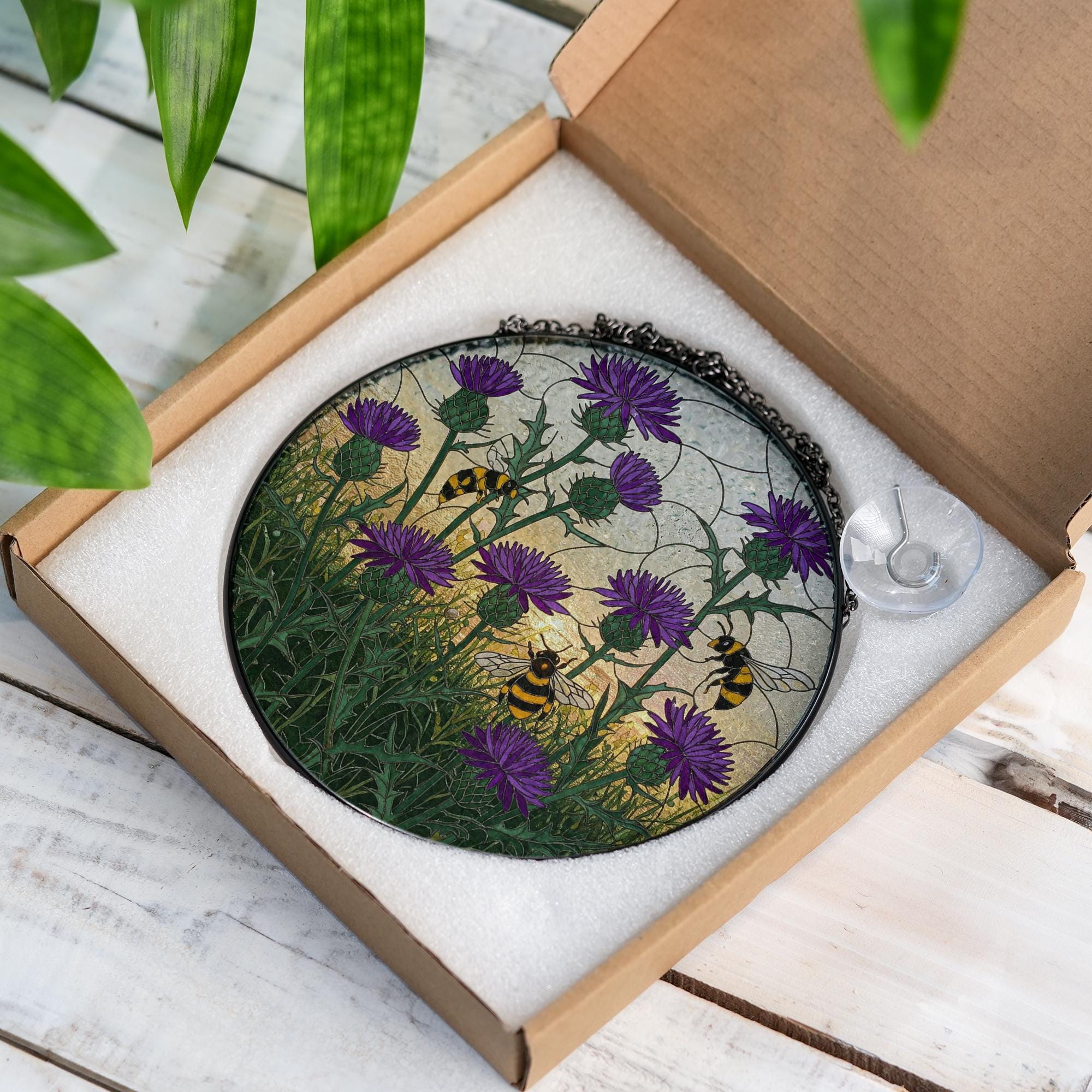 Purple Thistle and Bee Glass Suncatcher – Scottish Wildflower Window Hanging Gift for Nature Lovers, Gardeners, Cottagecore Decor