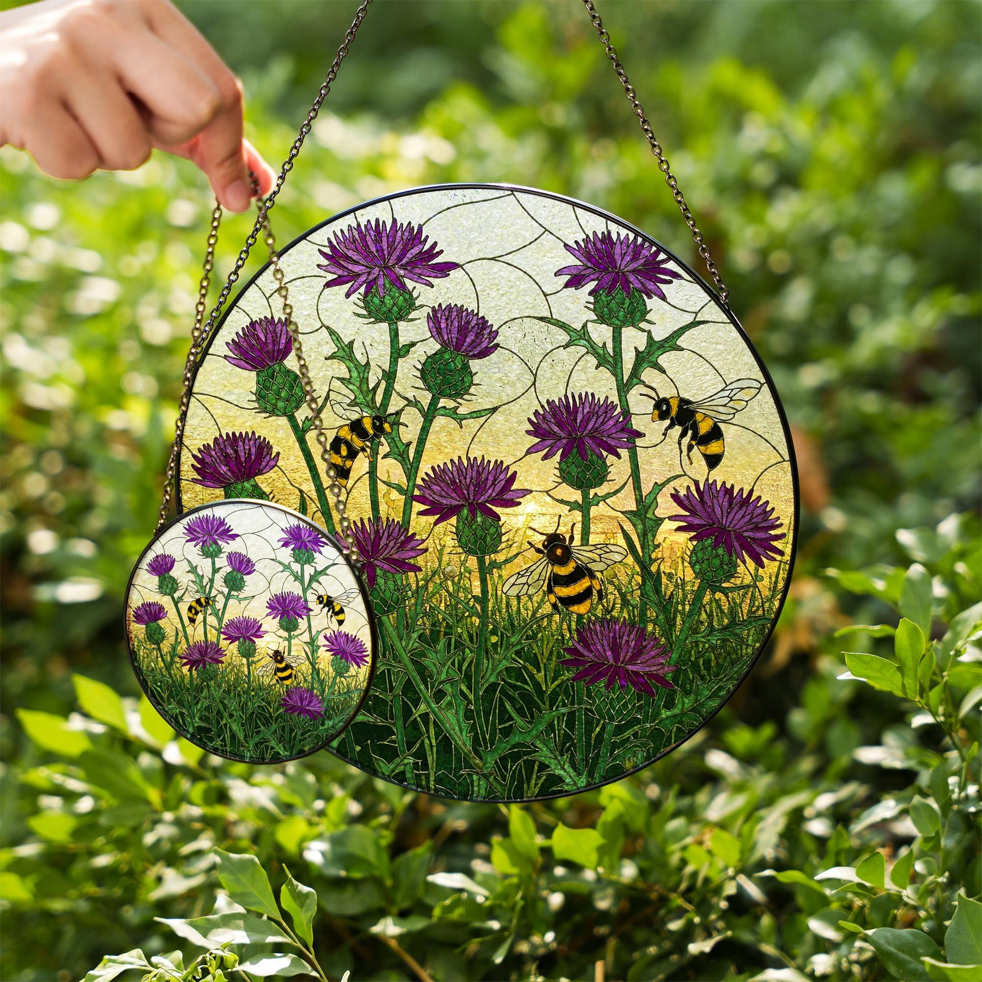 Purple Thistle and Bee Glass Suncatcher – Scottish Wildflower Window Hanging Gift for Nature Lovers, Gardeners, Cottagecore Decor