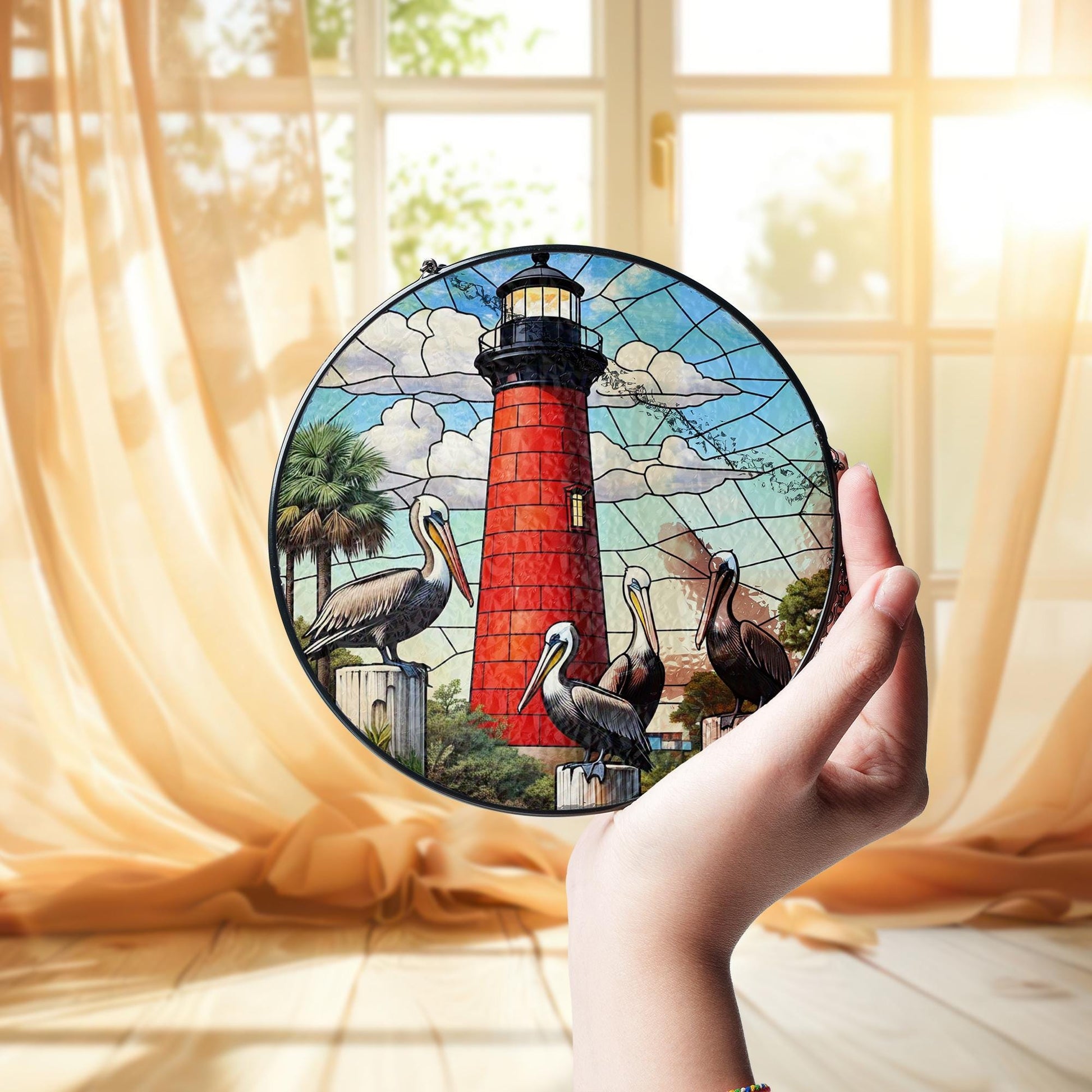 Lighthouse & Pelicans Glass Suncatcher, Round Window Hanging, Coastal Beach Decor, Nautical Art, Bird Lover Ocean Gift